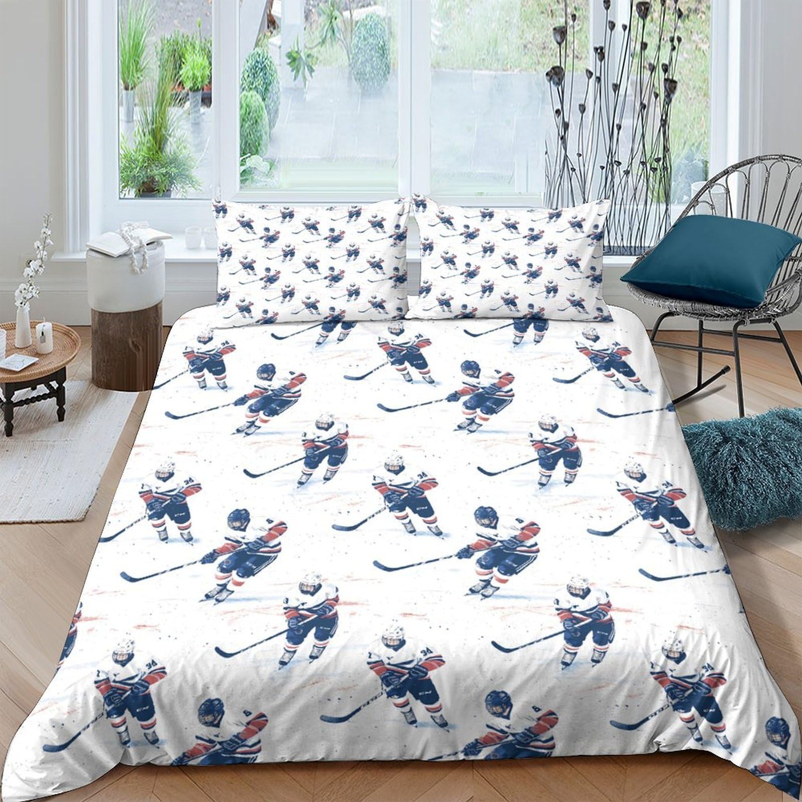 Ctjqhvkz Style-7 3D Printed Ice Hockey Player Fitted Sheet Microfiber Soft Bed Sheet For Bedroom Dorm Mattress Decor White Blue Single（135X200cm）
