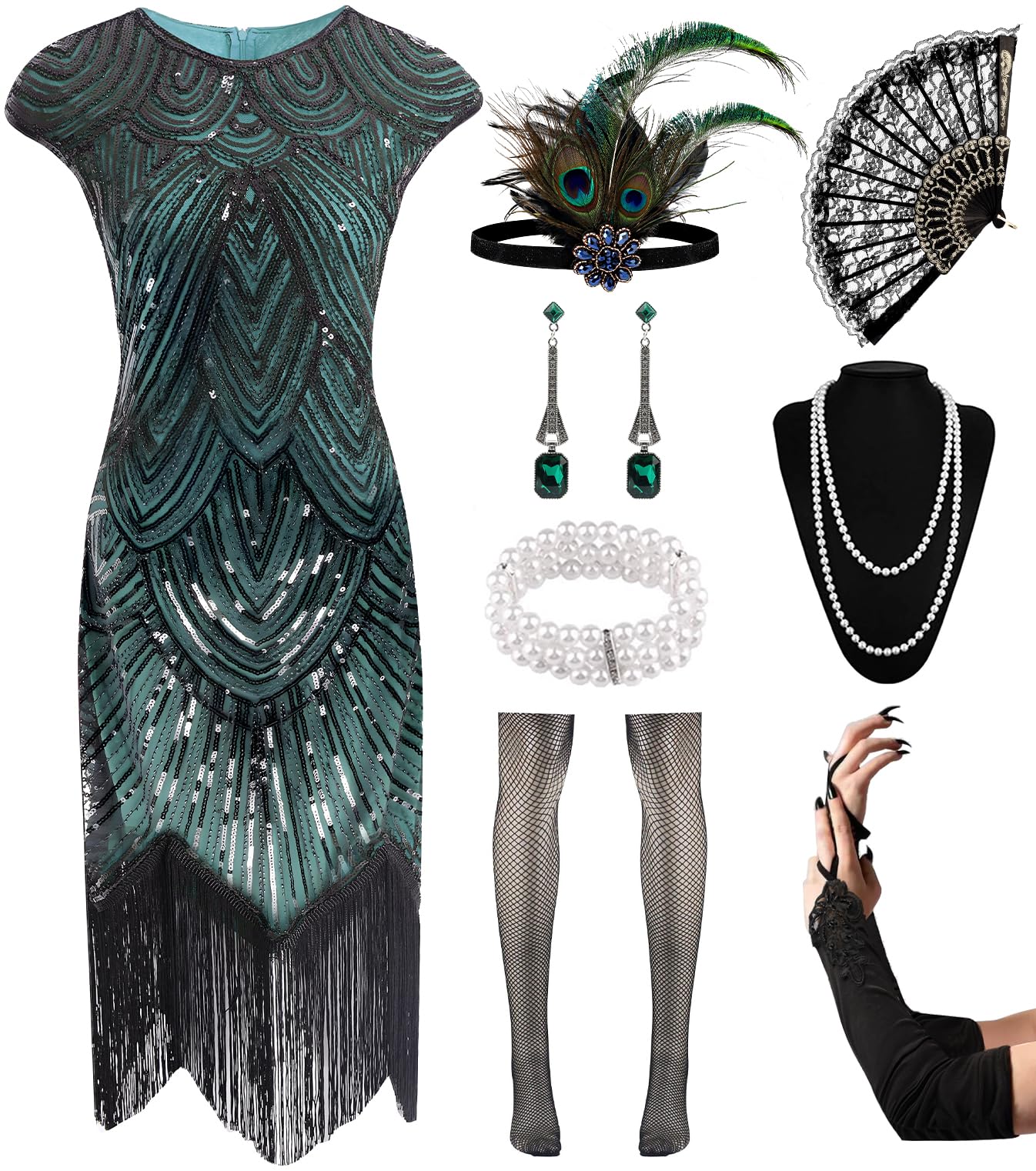 VillbeCoserWomen's Flapper Dresses 1920s Sequin Fringe Beaded Cocktail Crew Neck Dress Roaring 20s Accessories Vintage Lace Fan Headband