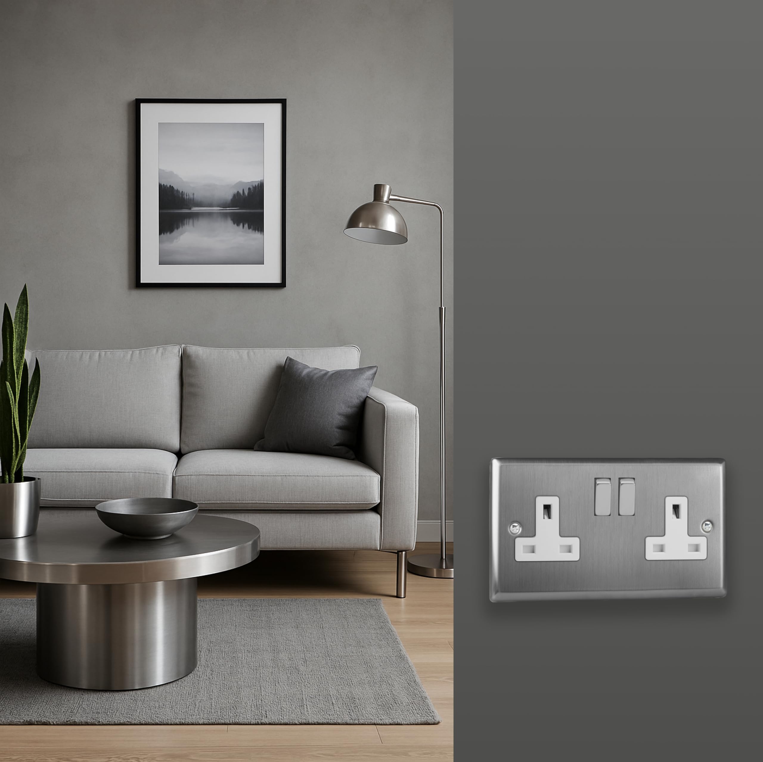 Varilight Double Switched Plug Socket - Classic Brushed Steel With Brushed Steel/White Insert, XT5DW, 91x150x31mm - Image 2