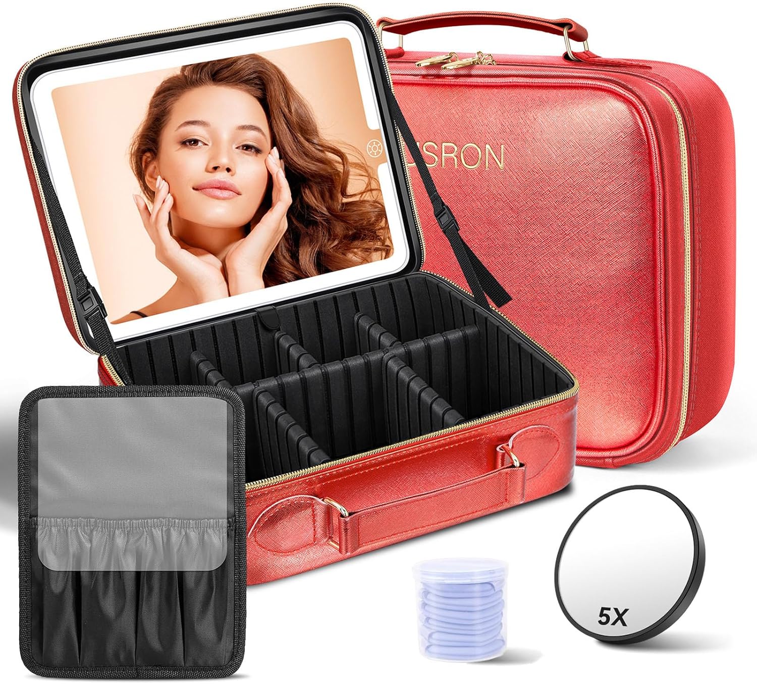 JUSRON Travel Makeup Bag With LED Mirror, Cosmetic Train Case with Light up Mirror, Portable Makeup Artist Organizer Bag with Adjustable Dividers, Makeup Brush Holder Storage (Red, Large) JUSRON Travel Makeup Bag With LED Mirror, Cosmetic Train Case with Light up Mirror, Portable Makeup Artist Organizer Bag with Adjustable Dividers, Makeup Brush Holder Storage (Red, Large)