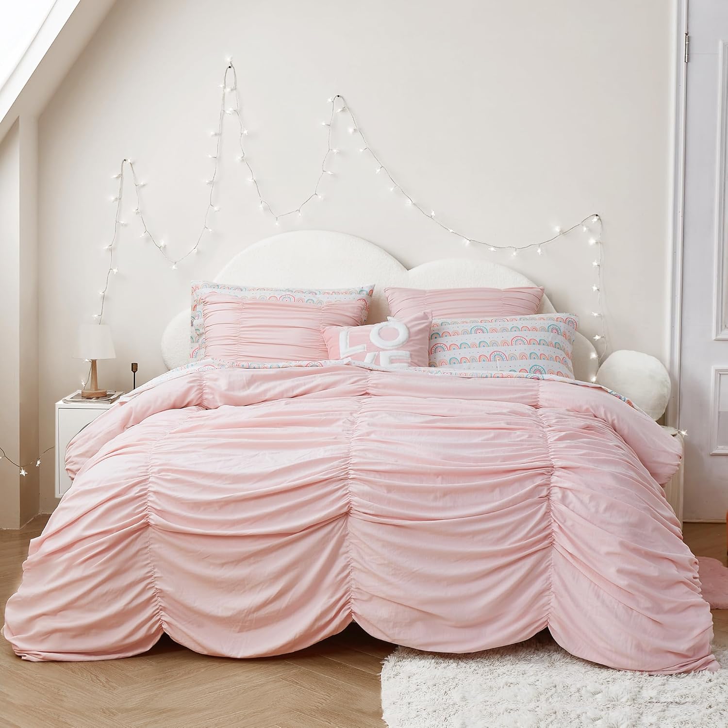 Wonderful 3 Piece Light Pink Ruched Ruffled Comforter Set with Pillow Shams, King Size Pleated Lightweight Comforter Set Bedding Set for All Season