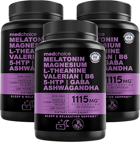 MEDCHOICE Melatonina 10 en 1 6 mg ayuda natural para dormir, suplemento para dormir con L teanina, 5 HTP, GABA, raíz de valeriana, manzanilla,