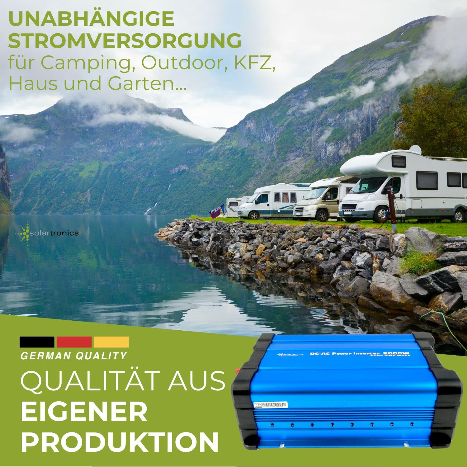 SOLARTRONICS Spannungswandler FS2000D 12V 2000 Watt mit Display - Wechselrichter 12v auf 230v - Reiner Sinus - LiFePO4/Lithium, Blei-, Gel oder AGM-Batterie kompatibel - USB - Fernbedienung optional