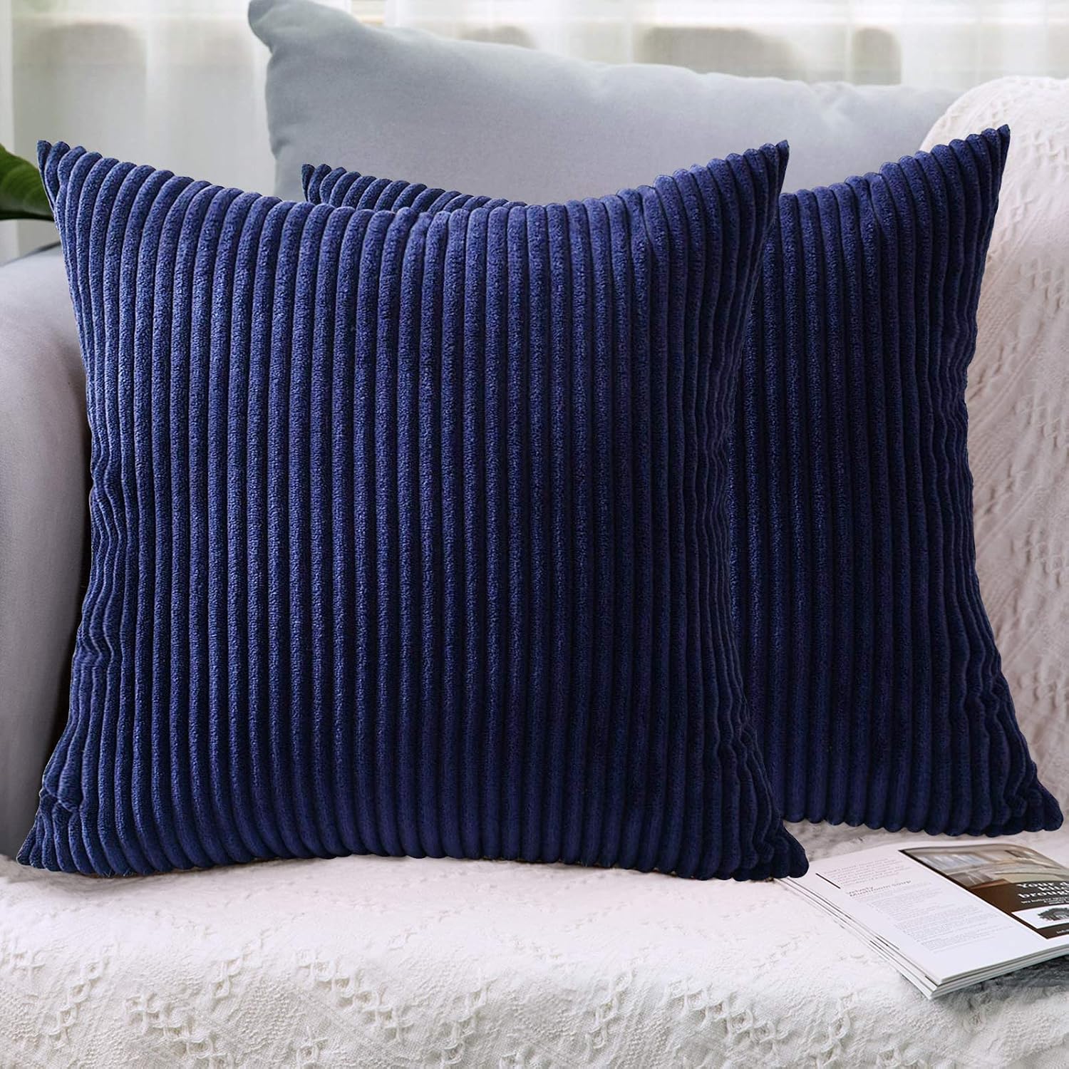 LHKIS Throw Pillow Covers 24x24, Denim Blue Decorative Corduroy Farmhouse Cushion Covers Pillowcase for Couch Sofa Bedroom Car, Set of 2