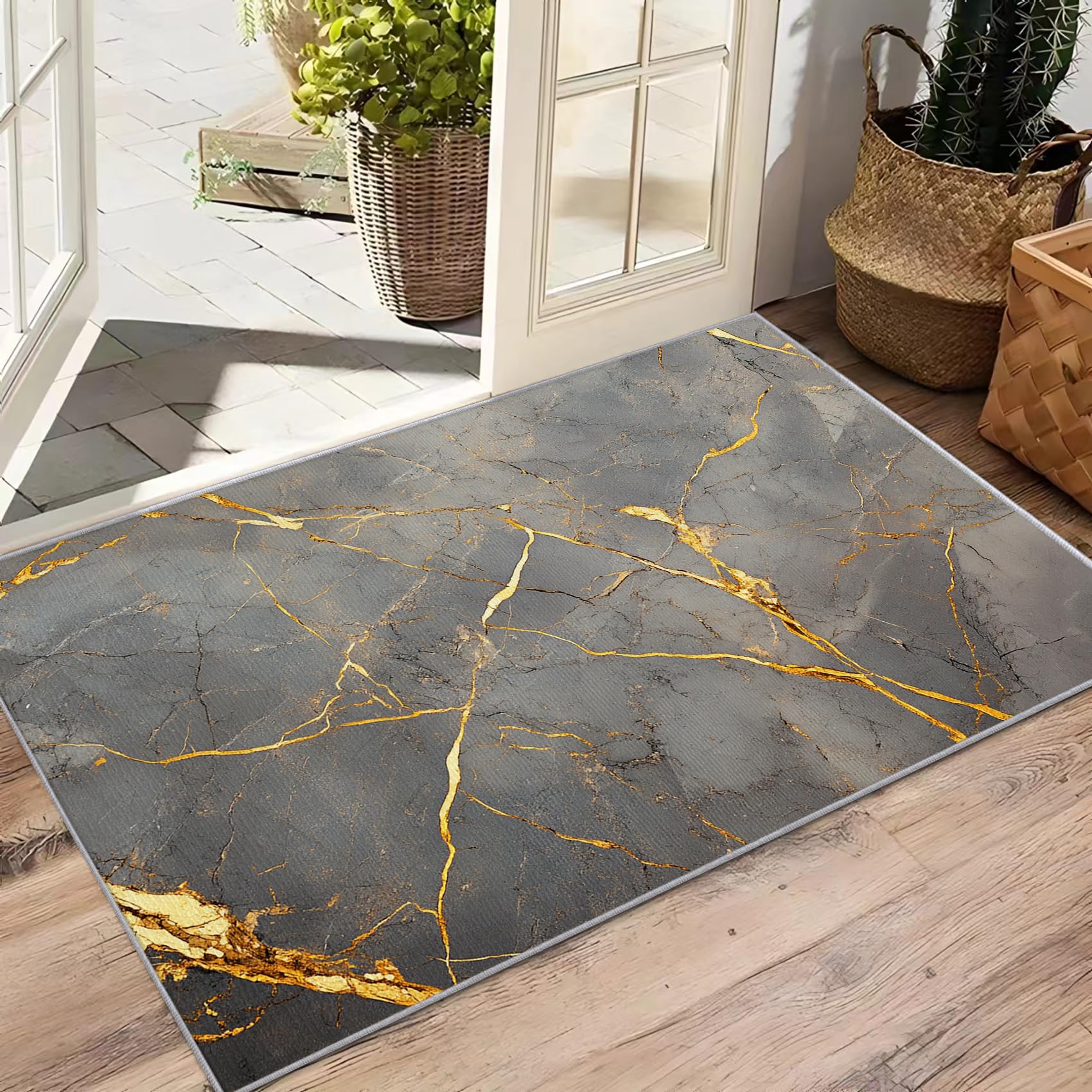 Marmor Teppich Wohnzimmer 240x340 Modern Abstrakt Grau Gold Deko, Großer Teppich Kurzflor, Weich rutschfest Waschbare Teppiche, Bettvorleger Schlafzimmer Kinderzimmer