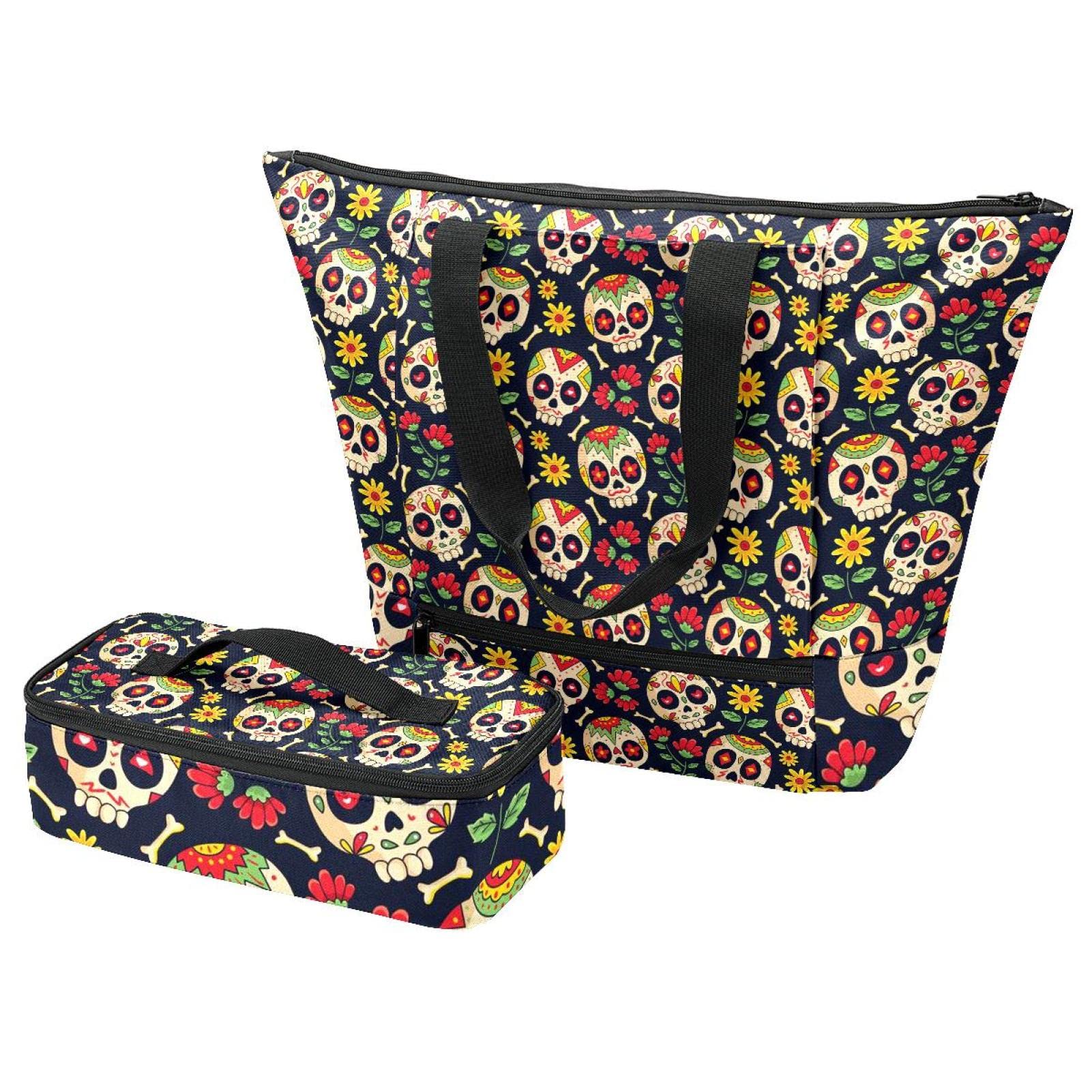 Sac fourre-tout et boîte à déjeuner avec motif de crânes et sacs isothermes pour voyage, travail, école, pique-nique, multicolore, Taille Unique