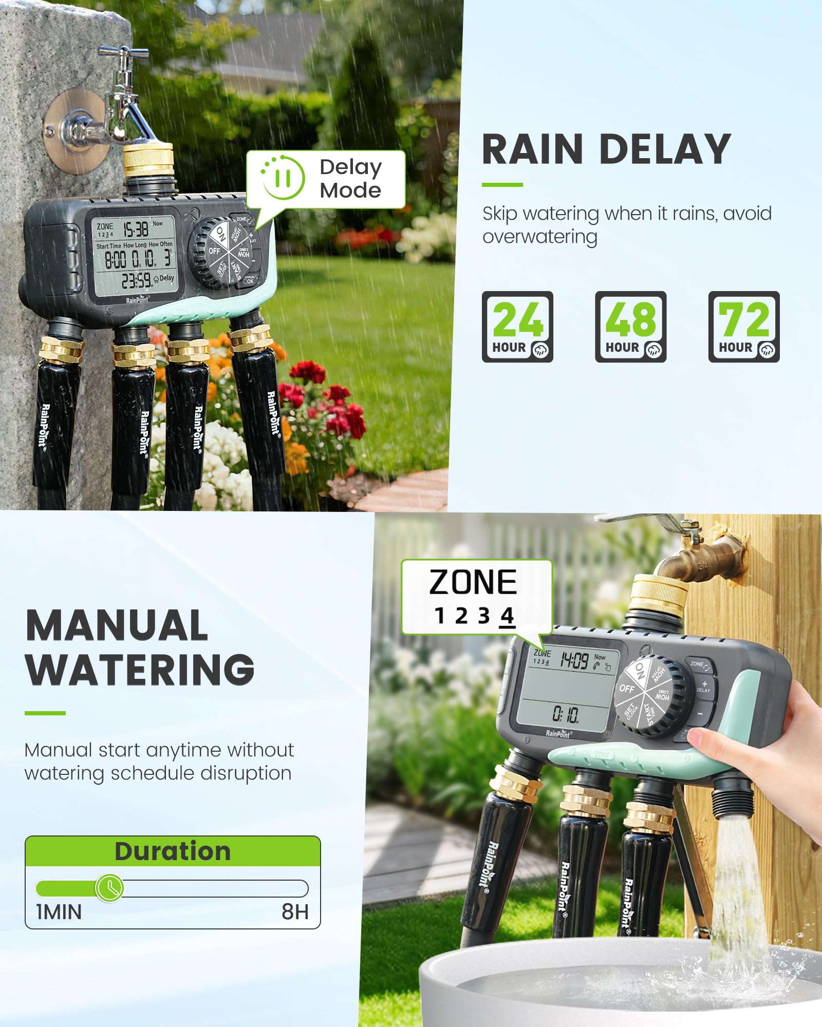 RAINPOINT 4-Zonen-Wasser-Timer, Messingeinlass, IP65 Wasserdicht Automatisch Programmierbar Bewässerungsschlauch Sprinkler Timer mit Regenverzögerung/Manuelle Steuerung, für Garten Rasen Bewässerung