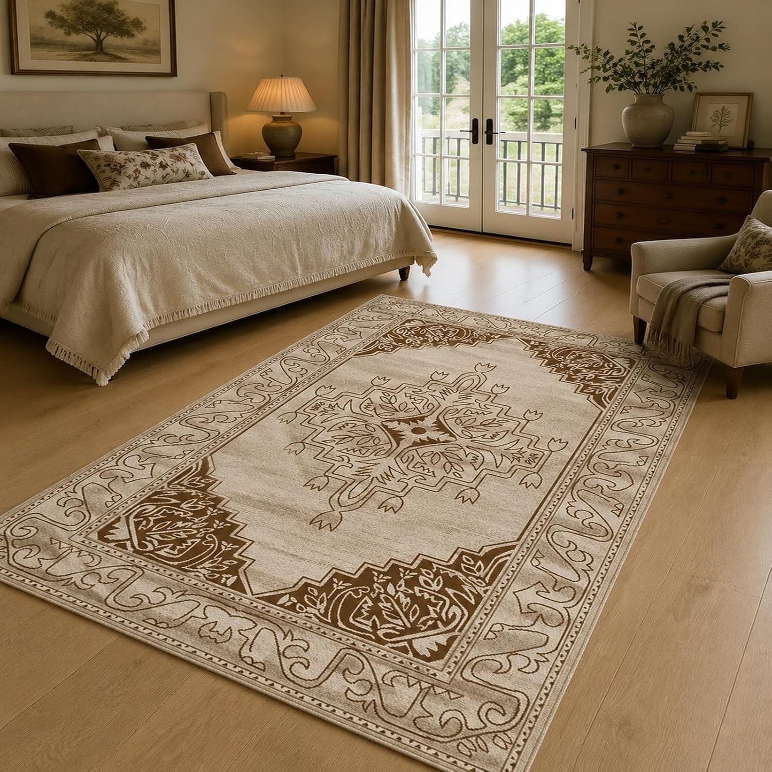 Tappeto XL Vintage Floreale Beige Marrone, Beige, 140x200 cm (Rettangolare)