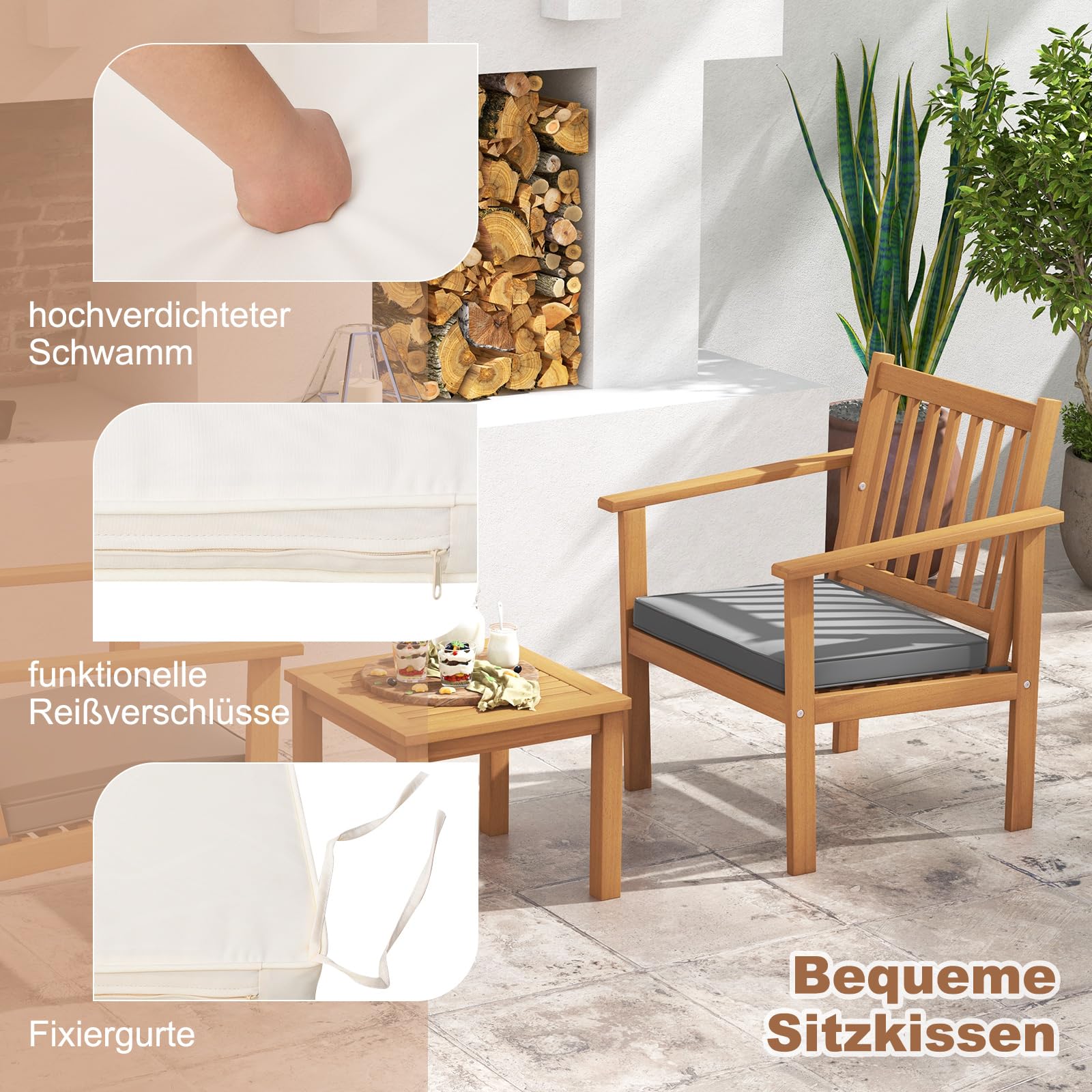 COSTWAY 3-częściowy zestaw mebli tarasowych z drewna akacjowego, 2 krzesła ogrodowe z poduszkami i stolikiem kawowym, zestaw bistro, zestaw do siedzenia na werandę, podwórko, balkon i basen (61 x 61 x