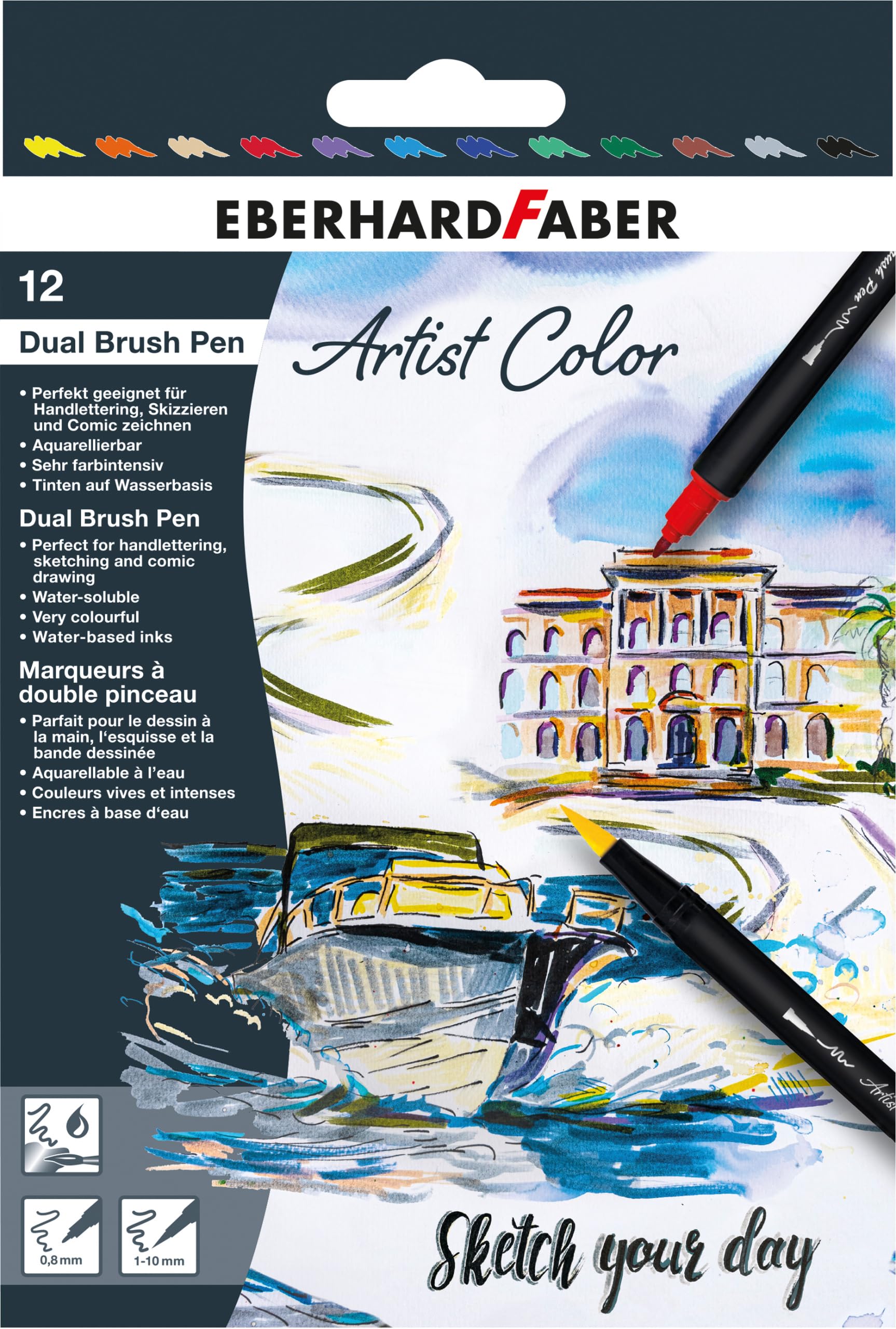 Eberhard Faber 558212 - Dual Brush Pen Artist Color, 12 rotuladores, punta gruesa y fina, acuarelables