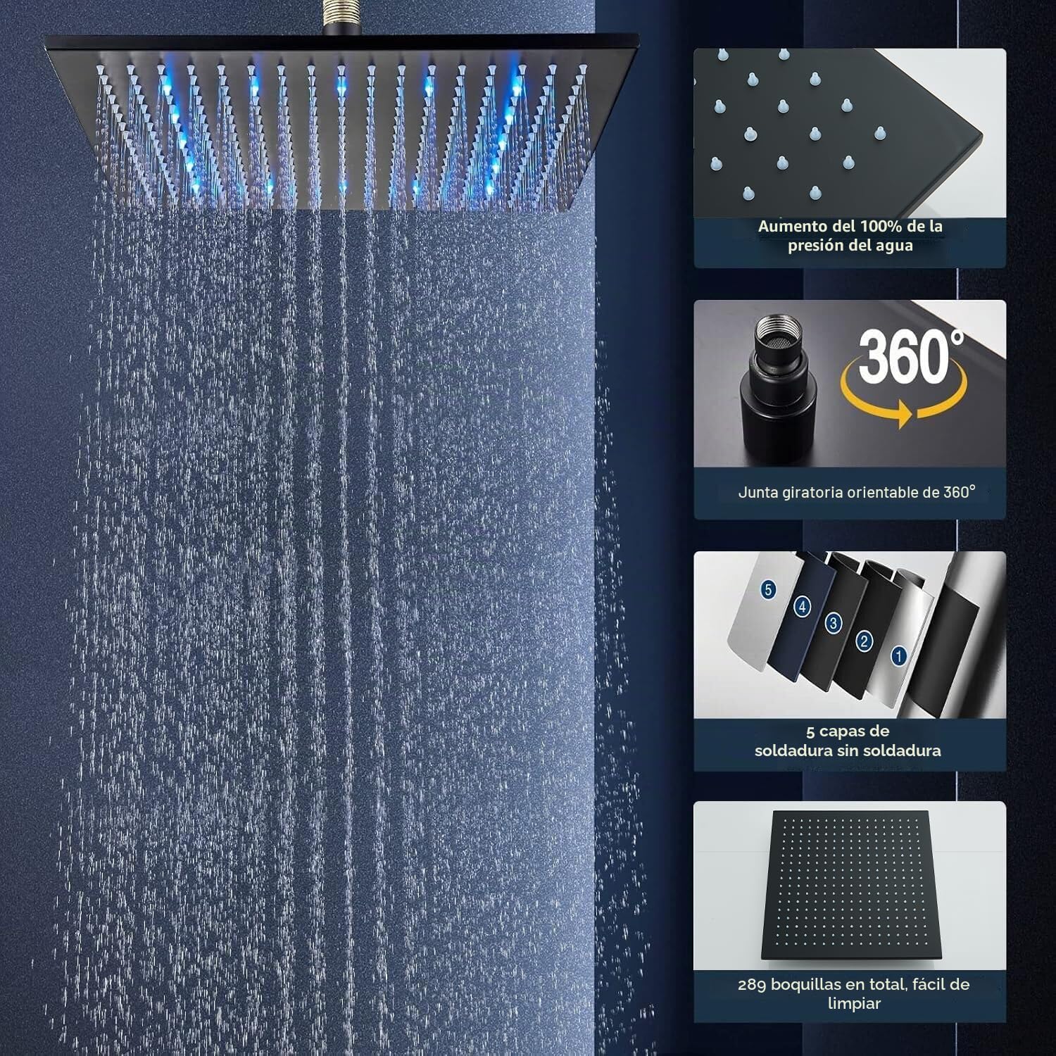 JunSheng Alcachofa de ducha LED de 16 pulgadas Alcachofa de ducha de lluvia cuadrada negra mate boquillas de silicona fáciles de limpiar grifo fijo para ducha