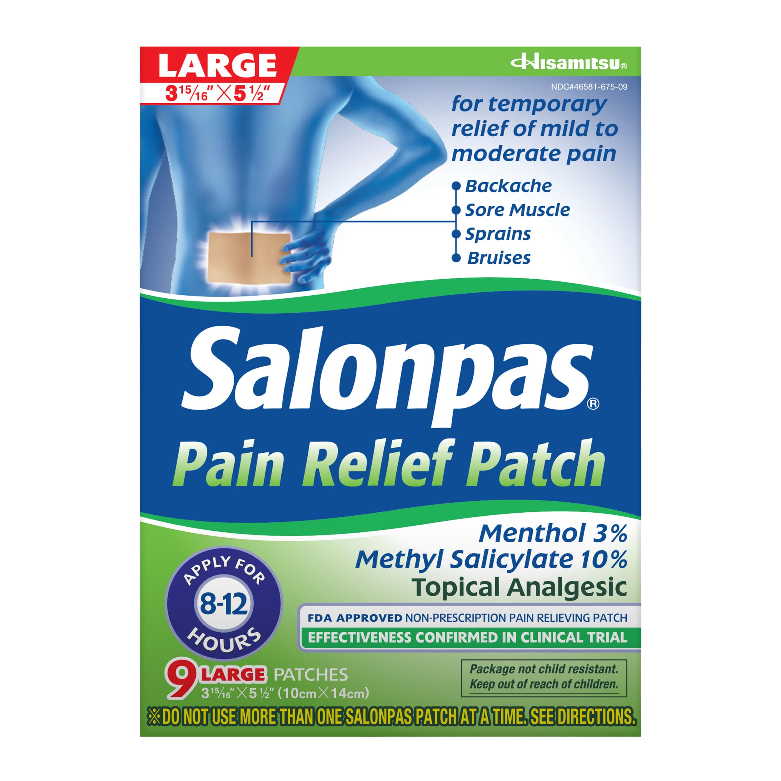 Pain Relief Patch, 9 Count Large (Pack of 1), Up to 12 Hours Temporary Relief of Mild to Moderate Pain, Backache, Sore Muscle, Sprains, Bruises