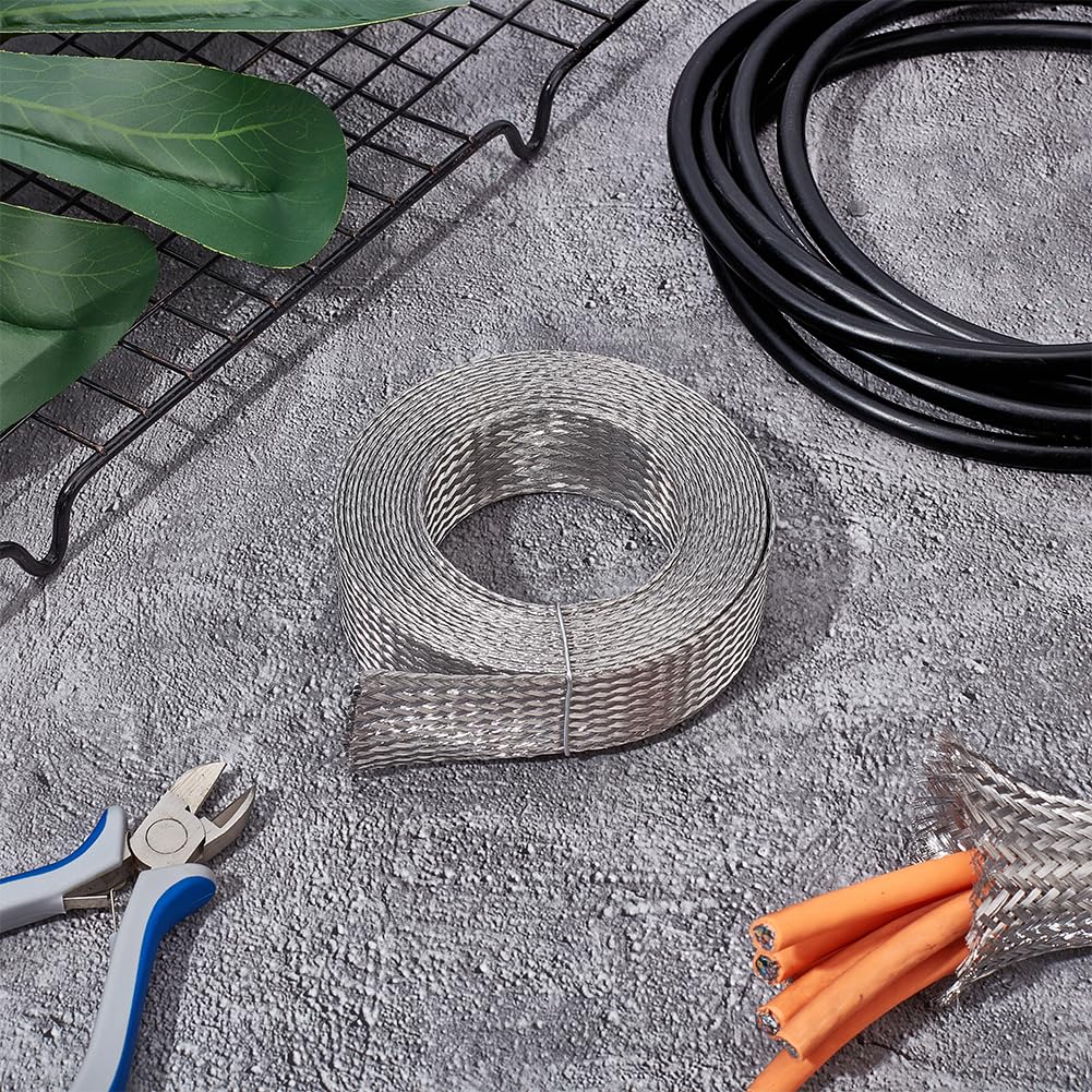 UNICRAFTALE 4m/13.12Feet Stainless Steel Braided Sleeving Braid Cable Wire Shielding Sleeve Ground Straps Protection Flat Metal Mesh Flexible Expandable Scalable Ribbon Flat Wire for Protect Cable - Image 2