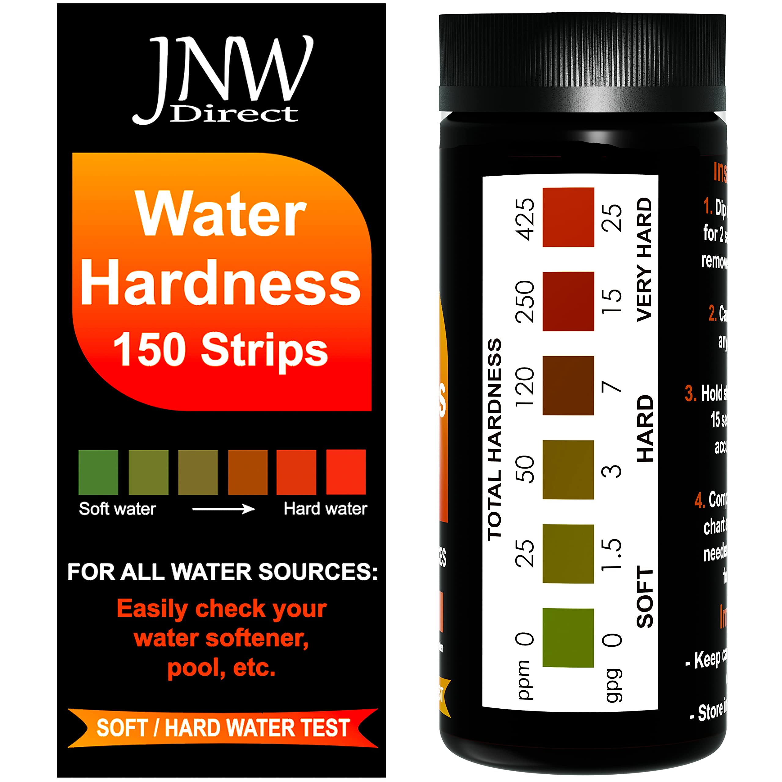 Water Hardness Test Kit - Quick and Accurate Water Hardness Test Strips - Hard Water Test Kit with eBook - Ultimate Test Kit for Water Hardness - 150 Water Softener Test Strips by JNW Direct