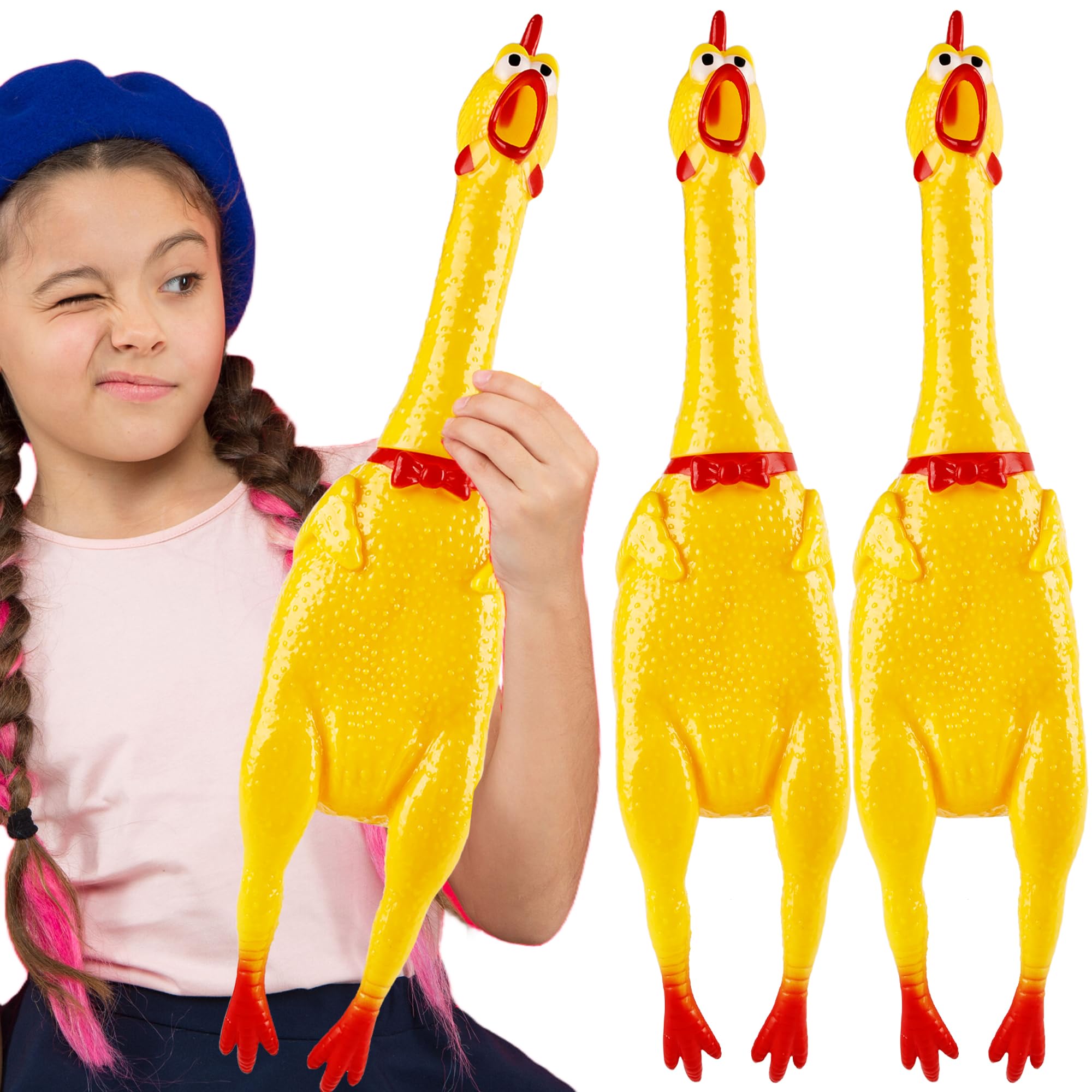 3 Pack 22 Inch Crazy Huge Squeeze Screaming Rubber Chicken Yellow Squawking Chicken Rubber Squeaky Chicken Toy for Kids Adults Dogs Pets Prank Novelty Toy