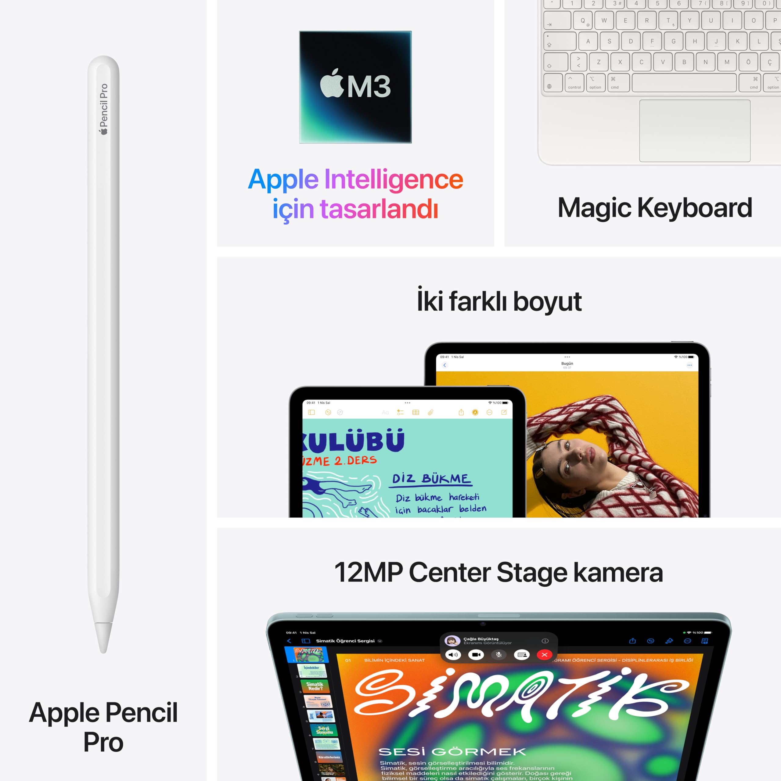 Apple M3 çipli 11 inç iPad Air: Liquid Retina Ekran, 256 GB, 12 MP Ön/Arka Kamera, Wi-Fi 6E, Touch ID, Tüm Gün Süren Pil Ömrü — Uzay Grisi
