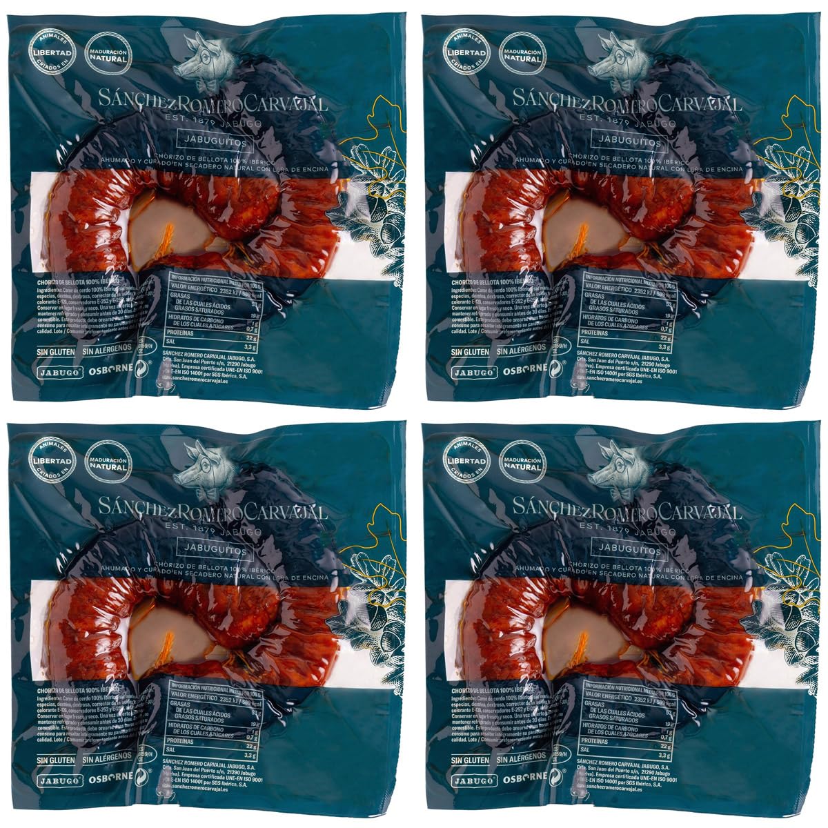 Jabuguitos - Chorizo de Cerdo Puro Ibérico de Bellota. 4 paquetes.