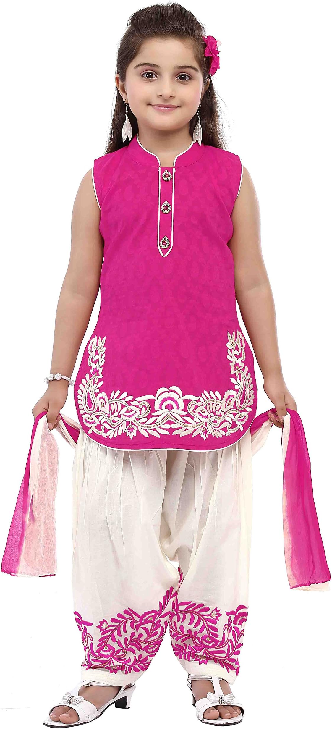 Girls' Indian Ethnic Wear Dupion And Netted Fabric Salwar Suit Set Pink