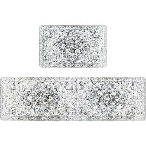 Homcomoda Boho Kitchen Rug Sets 2 Piece Non Slip Kitchen Rugs and Mats Anti-Fatigue Cushioned Kitchen Floor Mats Waterproof PVC Comfort Standing Mats for Kitchen,Laundry Room,Office Desk,Grey
