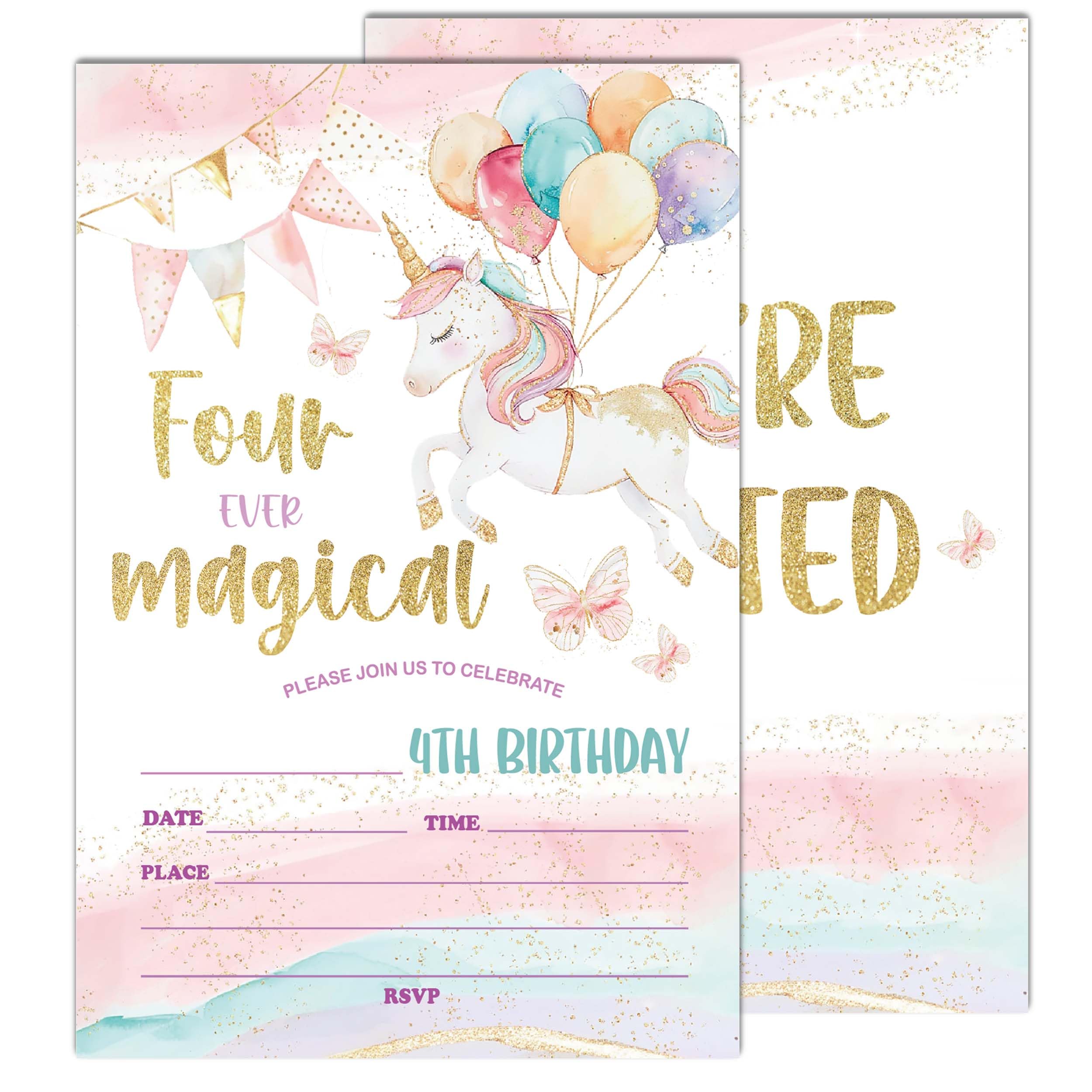 RPLCSPC 4th Birthday Party Invitations, Unicorn Theme, 20 Fill-in Invitations with Envelopes, Modern Style, Cartoon Pattern, 4x6 inches, Unisex-Kids,