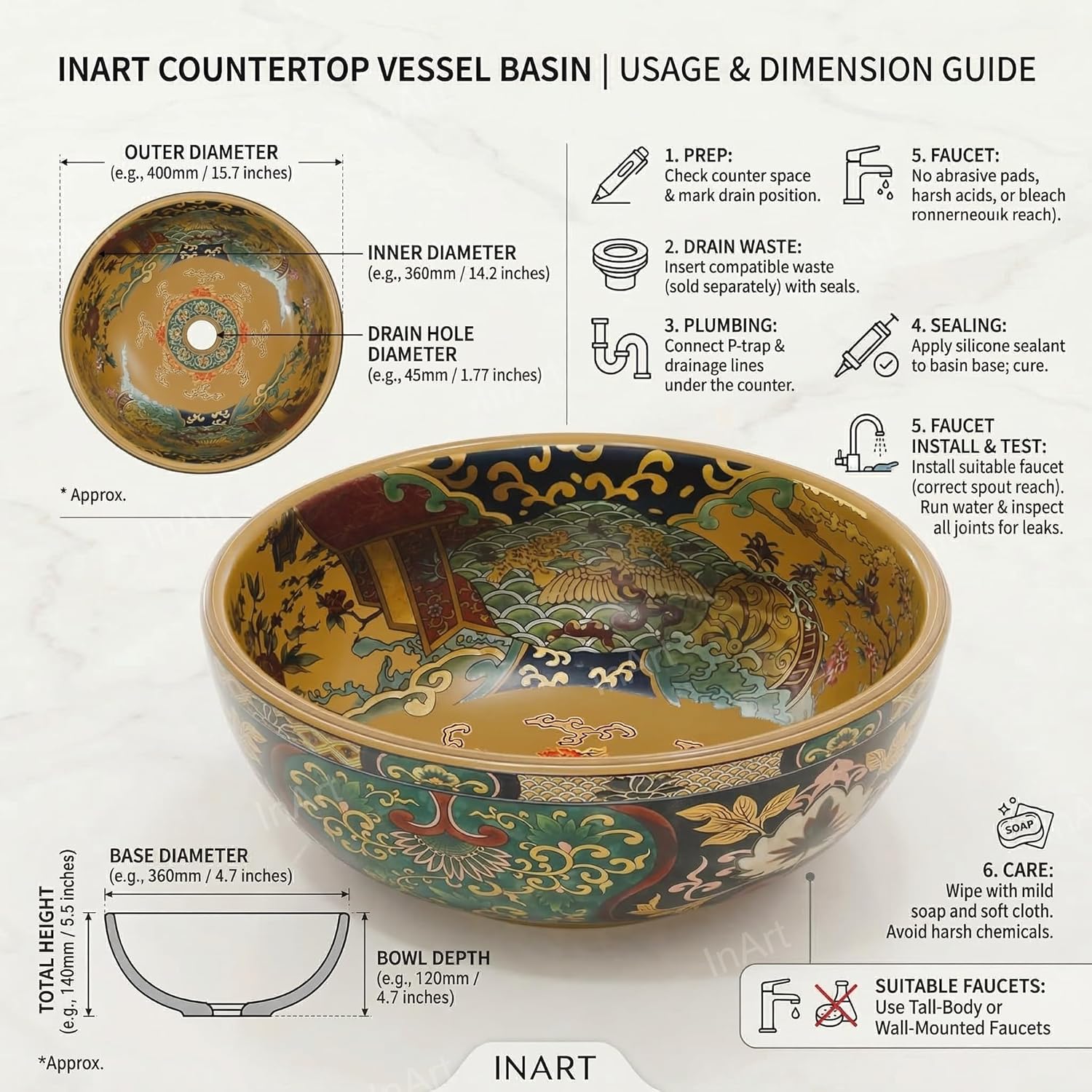 InArt Moroccan Pattern Ceramic Round Vessel Sink Bowl, Multicolor Countertop Bathroom Basin, Glossy Easy-Clean Designer Washbowl, 16.5 x 16.5 x 5.5 in