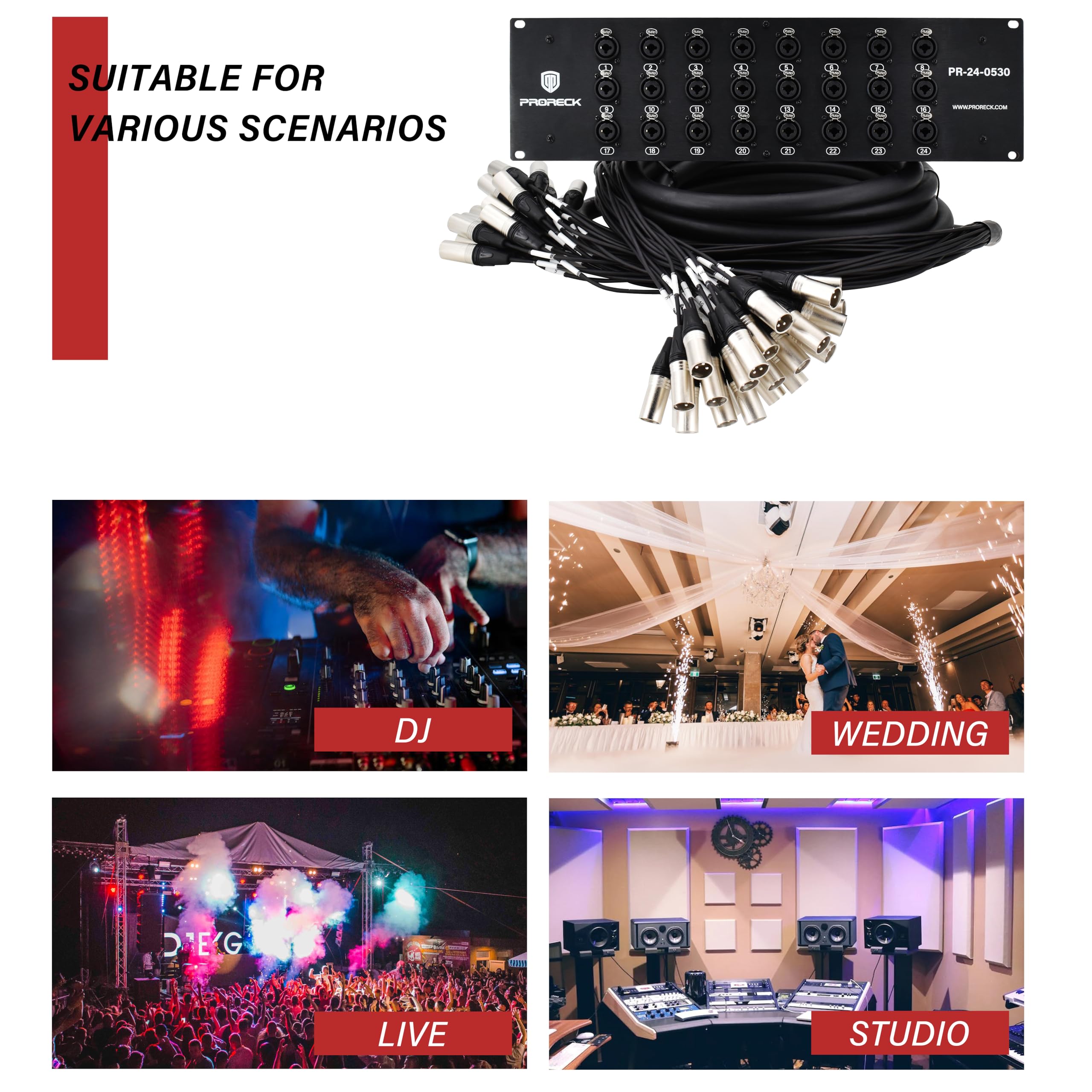 PRORECK Cavo a serpente splitter TRS XLR combinato per montaggio su rack, adatto per live, registrazione, palco, studio (1,5 m x 9,6 m - 24 canali) PR-24-0530