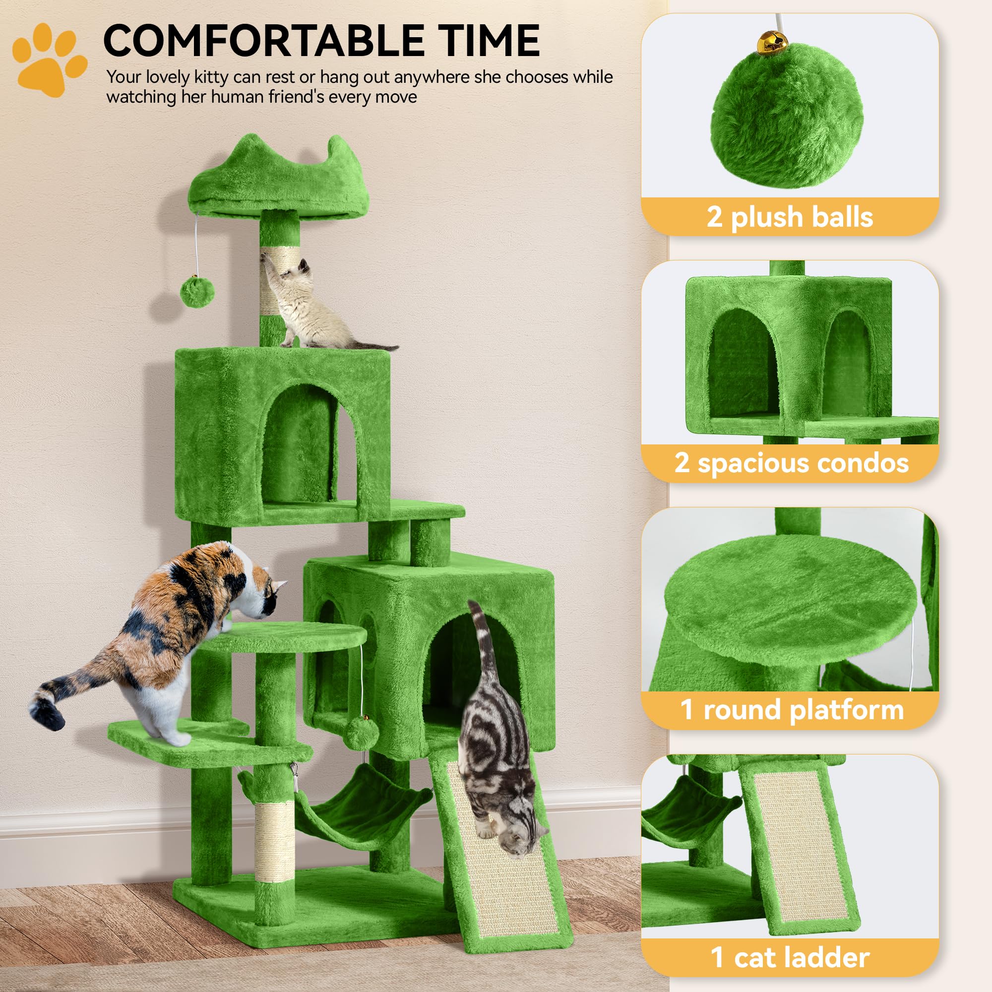 YITAHOME Tall Cat Tree for Indoor Cats, 75 inch Multi-Level Cat Tower with Cat Condos, Top Perches, Sisal Ramp Scratching Posts, Cozy Basket, Hammocks, Large Cat Pet Activity Structure,Pink: YITAHOME 54in Cat Tree Tower for Indoor Cats, Multi-Level Cat Climbing Tower with Sisal Scratching Post and Board, Cat Condos, Plush Top Perches, Hammock, Kittens Pet House Play, Green