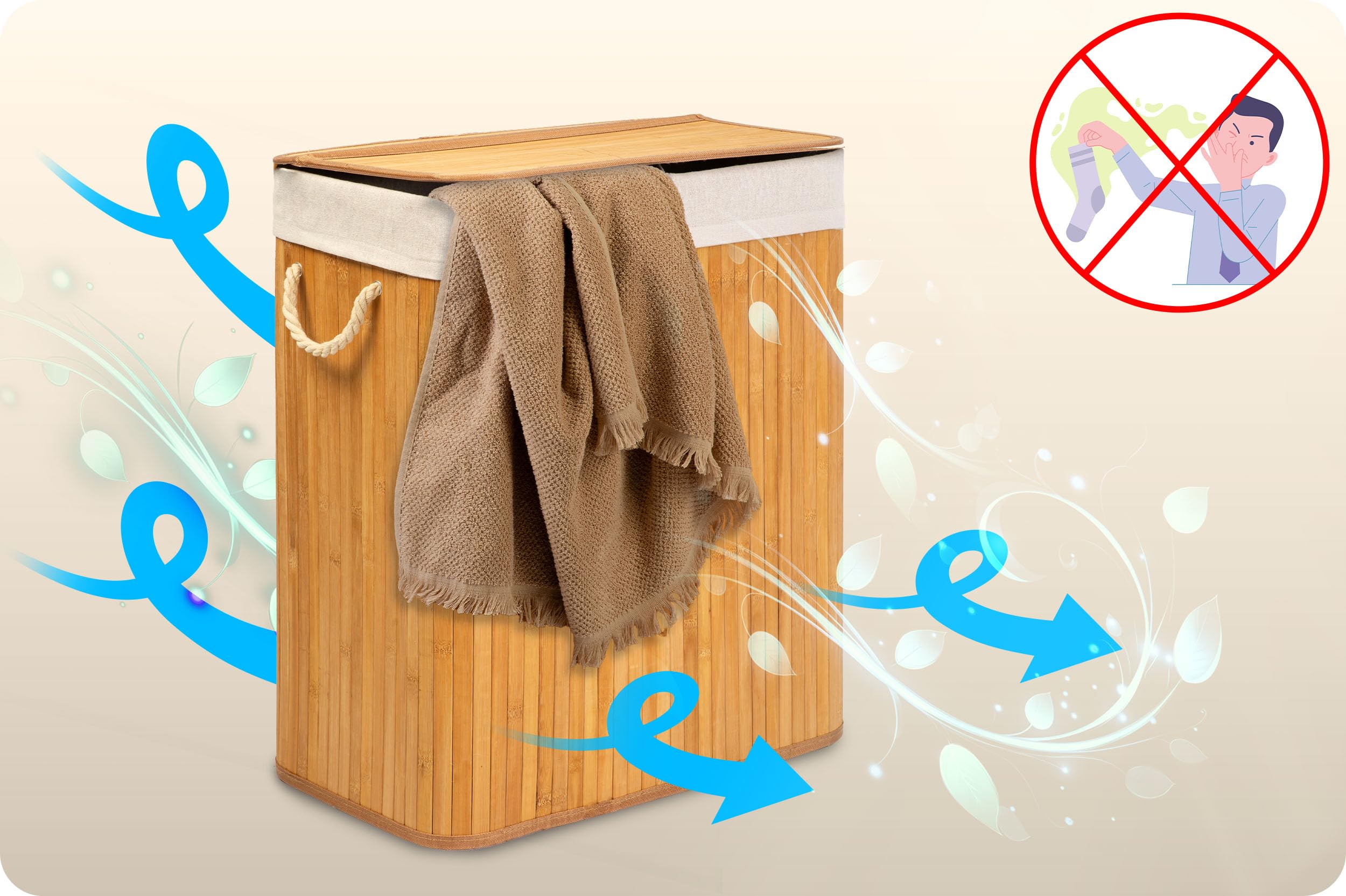 Cesto portabiancheria a 2 scomparti, 100 l, con coperchio e sacco per la biancheria, in bambù, colore beige, 61 x 54 x 34 cm