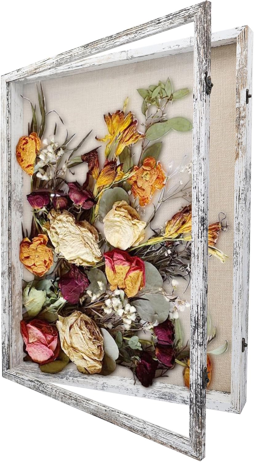 GraduationMall 18x24 Wood Shadow Box Frame Glass Door Display Case with Linen Back and 6 Stick Pins,1.5 inches Interior Depth,Ideal for Memorabilia Pictures Flowers Medals Tickets Rustic White