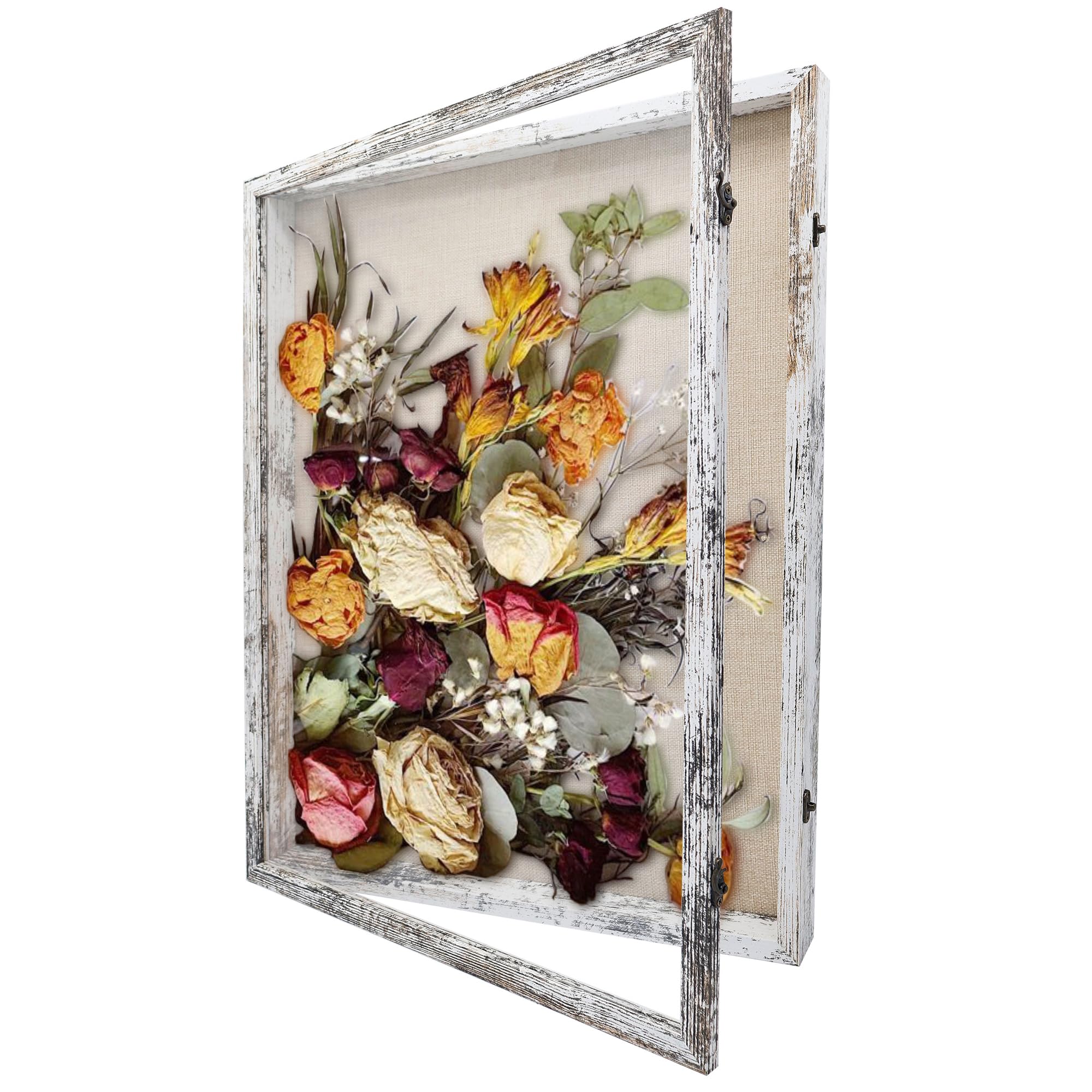 GraduationMall 18x24 Wood Shadow Box Frame Glass Door Display Case with Linen Back and 6 Stick Pins,1.5 inches Interior Depth,Ideal for Memorabilia Pictures Flowers Medals Tickets Rustic White
