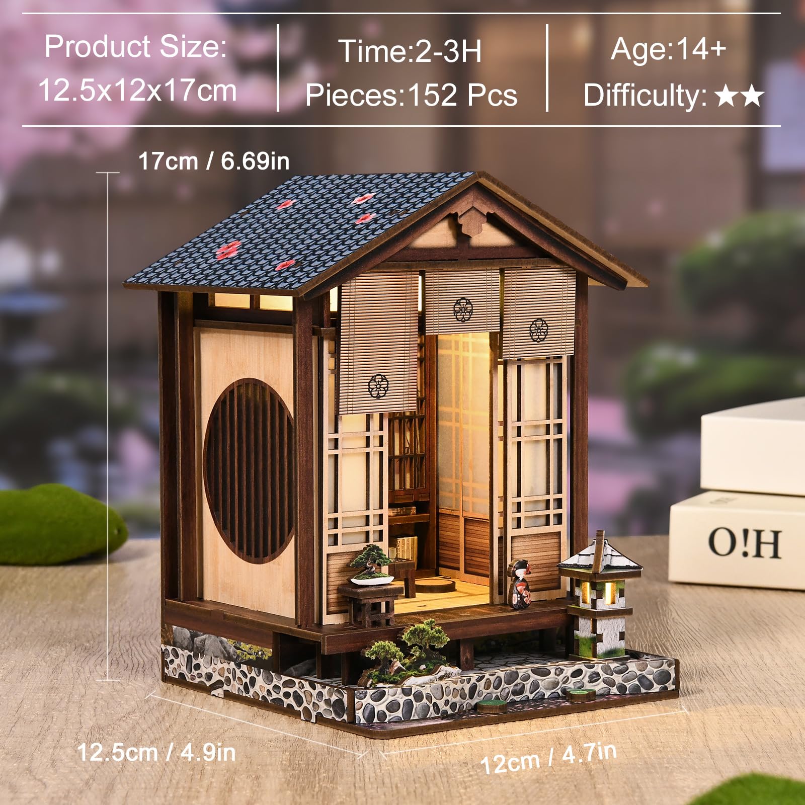 Zestaw Book Nook - Miniaturowy Domek w Stylu Japońskim z Diodami LED i 3D Puzzle z Drewna. Zestaw DIY Book Nook, Zestaw do Robótek Ręcznych dla Dorosłych, Prezent na Urodziny