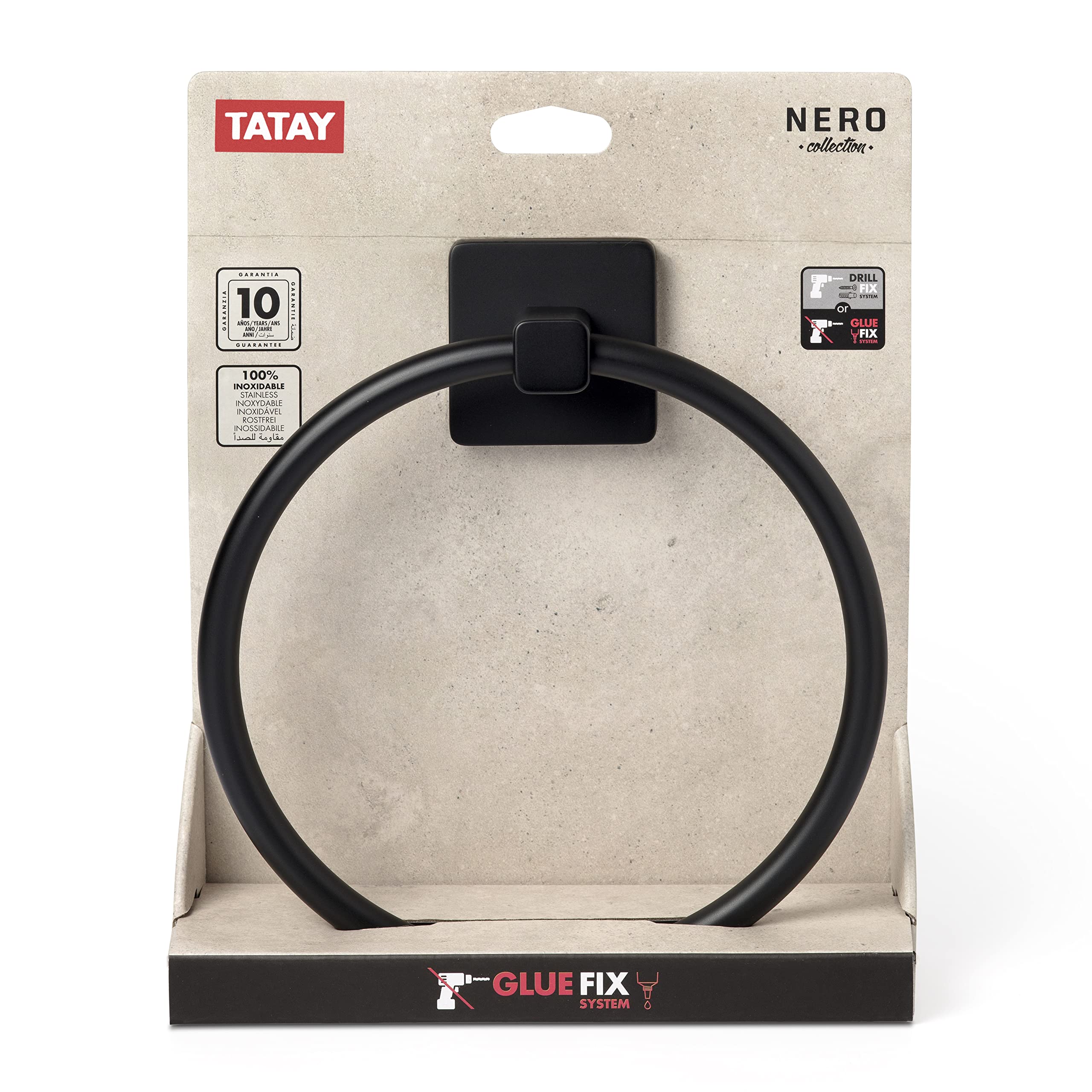 TATAY Porte-Serviettes Grand Modèle Nero – Noir Mat Élégant, Acier Inox & Zamak, Fixation Double (Vis + Adhésif), Accessoire Salle De Bain Moderne 60 Cm