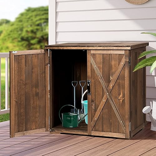 Miniatura 8 de GRAFFY - Cobertizo de almacenamiento de madera para jardín, gabinete de herramientas compacto con puertas y asas, para jardín y patio