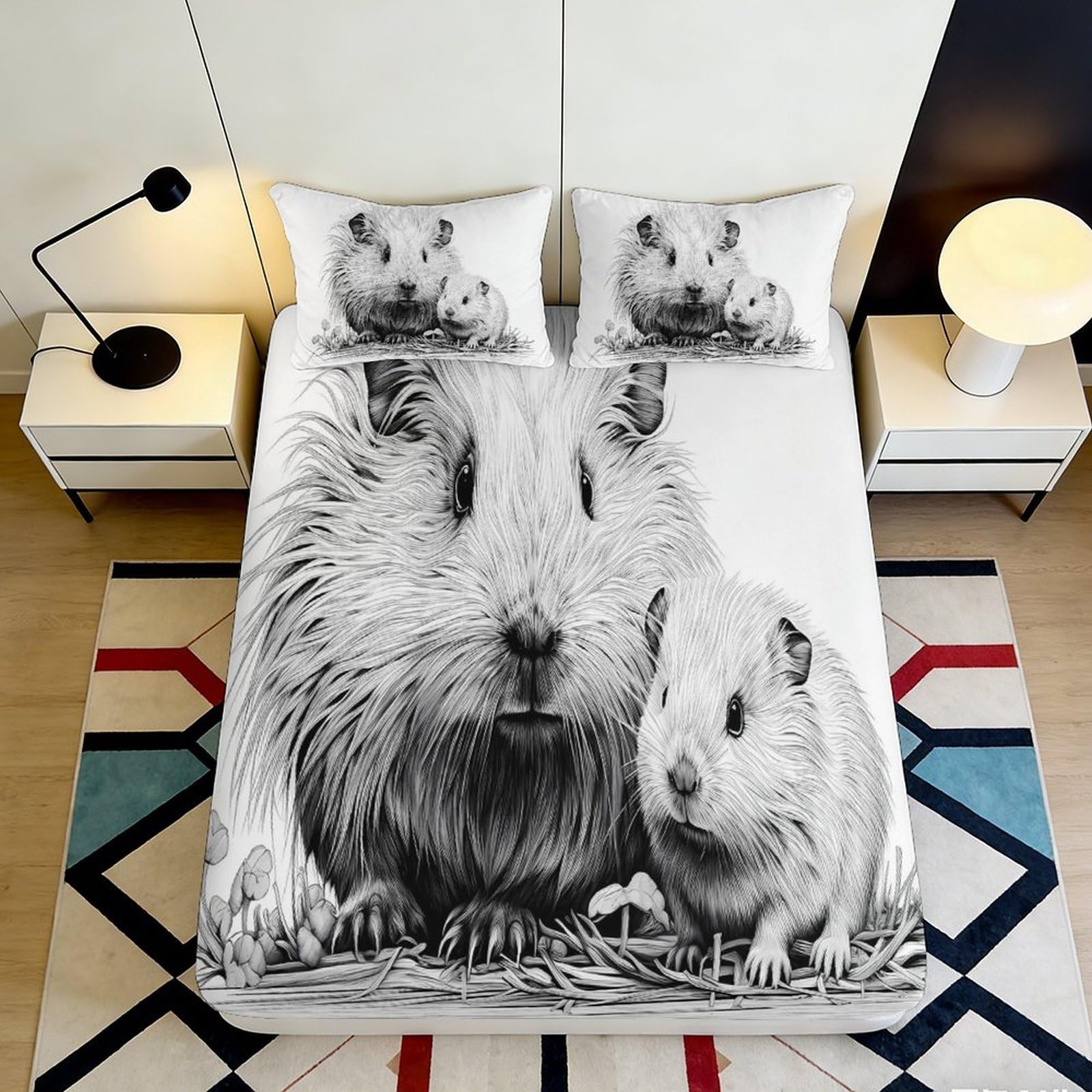3D Printed Guinea Pig Fitted Sheet Microfiber Soft Breathable Hamster Bed Cover for Bedroom Dorm Decor Mattress Protection 90x200x25cm