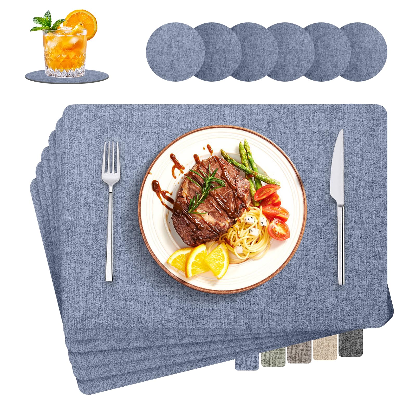 Purejoy Set 6 Tovagliette E 6 Sottobicchieri In Pelle PU, Resistenti Al Calore, Lavabili, Verde Chiaro - 43x30 Cm