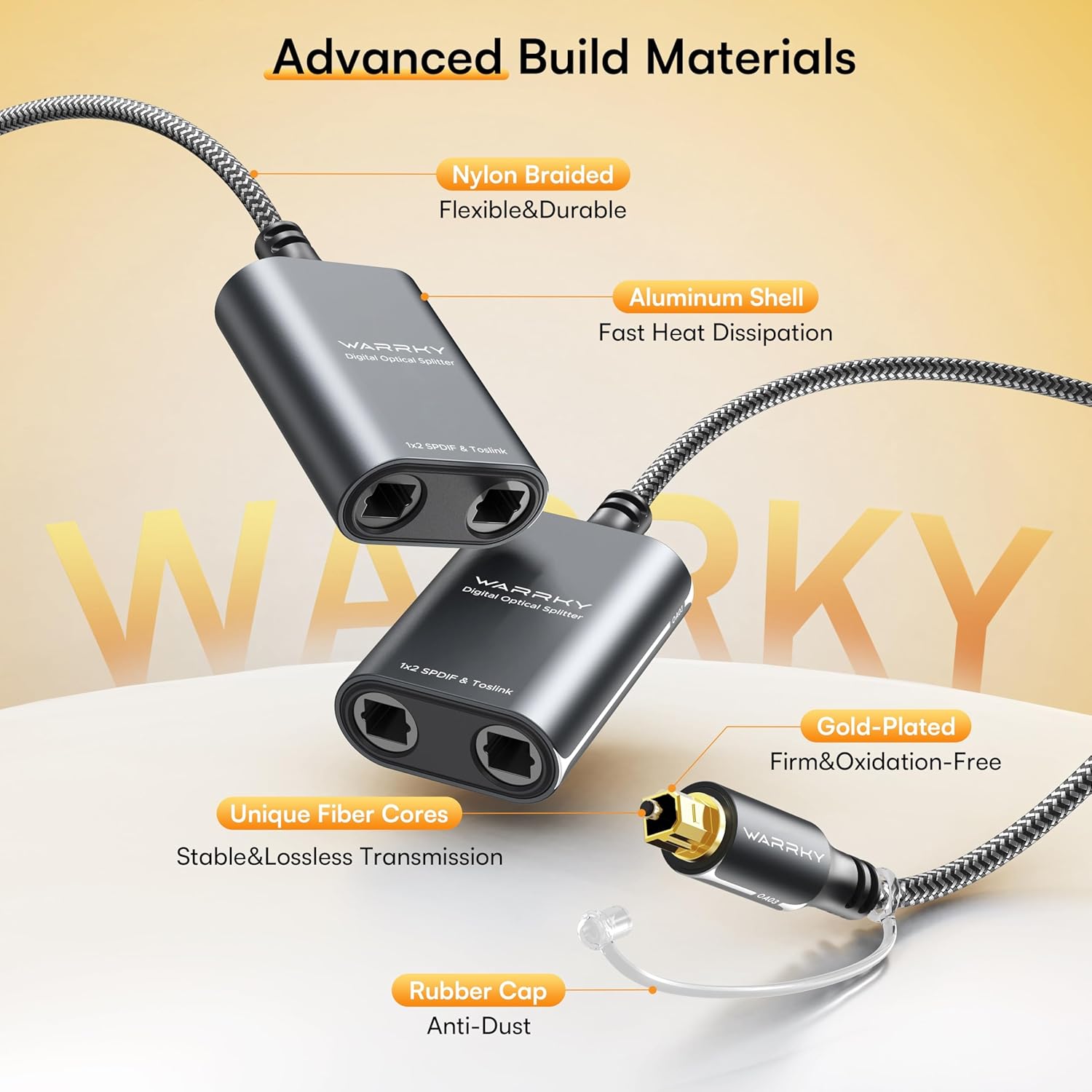 Warrky Optical Splitter, 1 in 2 Out Optical Splitter 2ft [Aluminum Shell, Gold Plated] Toslink Splitter for LPCM 2.0, Dolby, DTS 5.1, Compatible with Soundbar, Headphones, TVs - Image 3