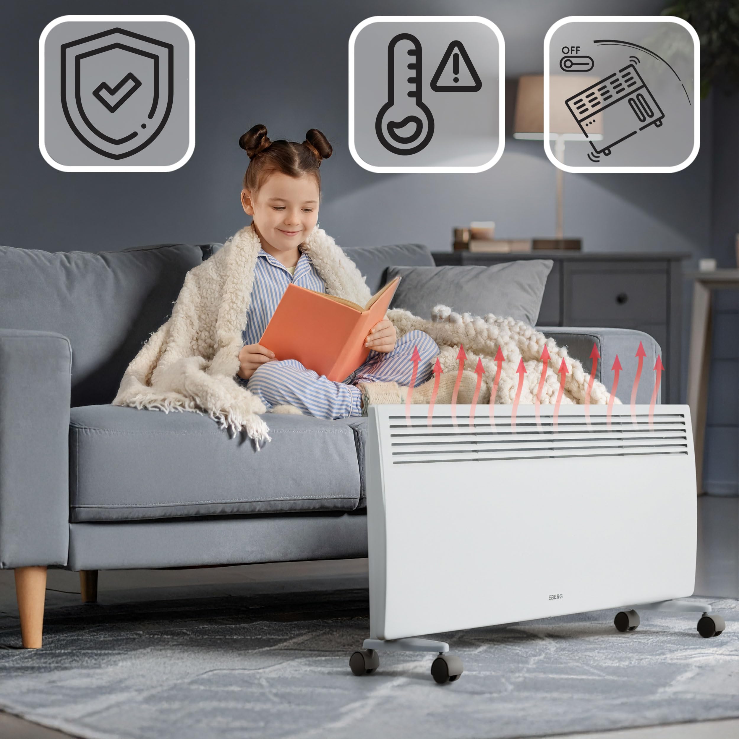 EBERG VECTO V20Y1 Grzejnik konwektorowy 2000 W z termostatem, 2 poziomy mocy 1000/2000 W, grzałka X-Shape, zabezpieczenie przed przegrzaniem i przewróceniem, biały