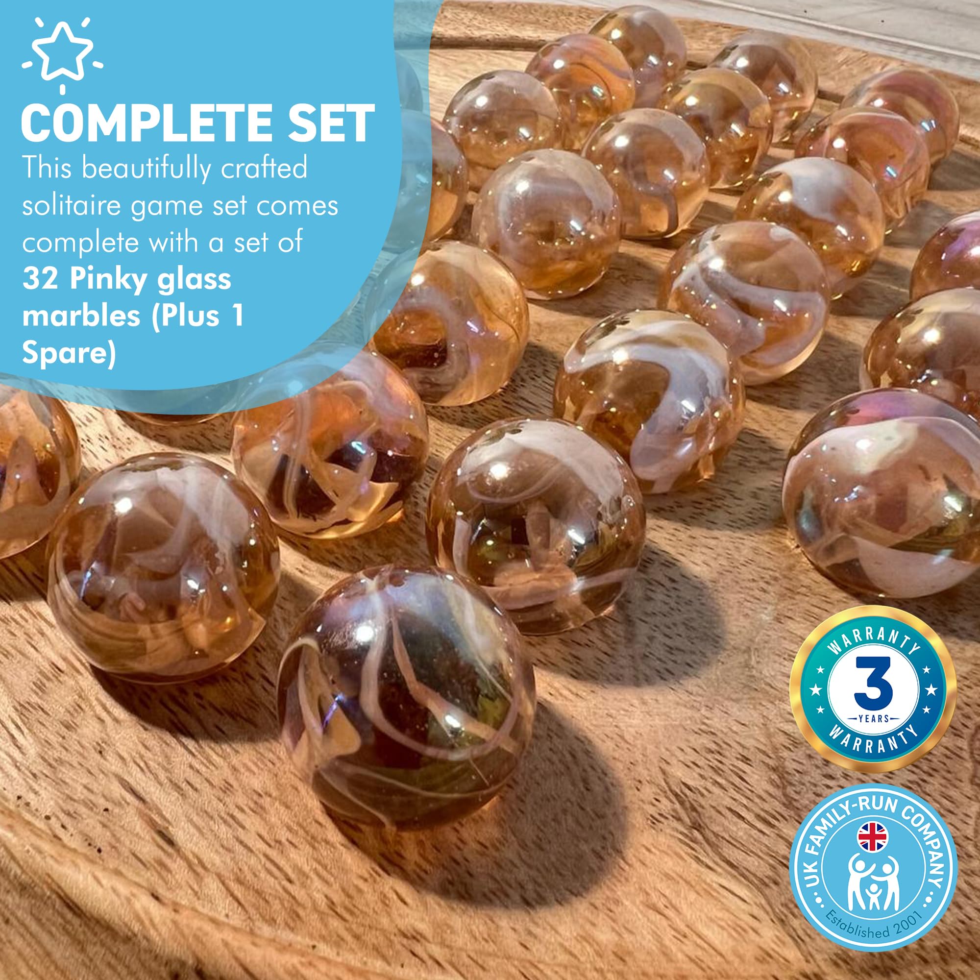 Thorness Jeu de société solitaire de 30 cm de diamètre, billes en verre rose, jeu de solitaire classique en bois, jeu de stratégie pour adultes, joueur unique