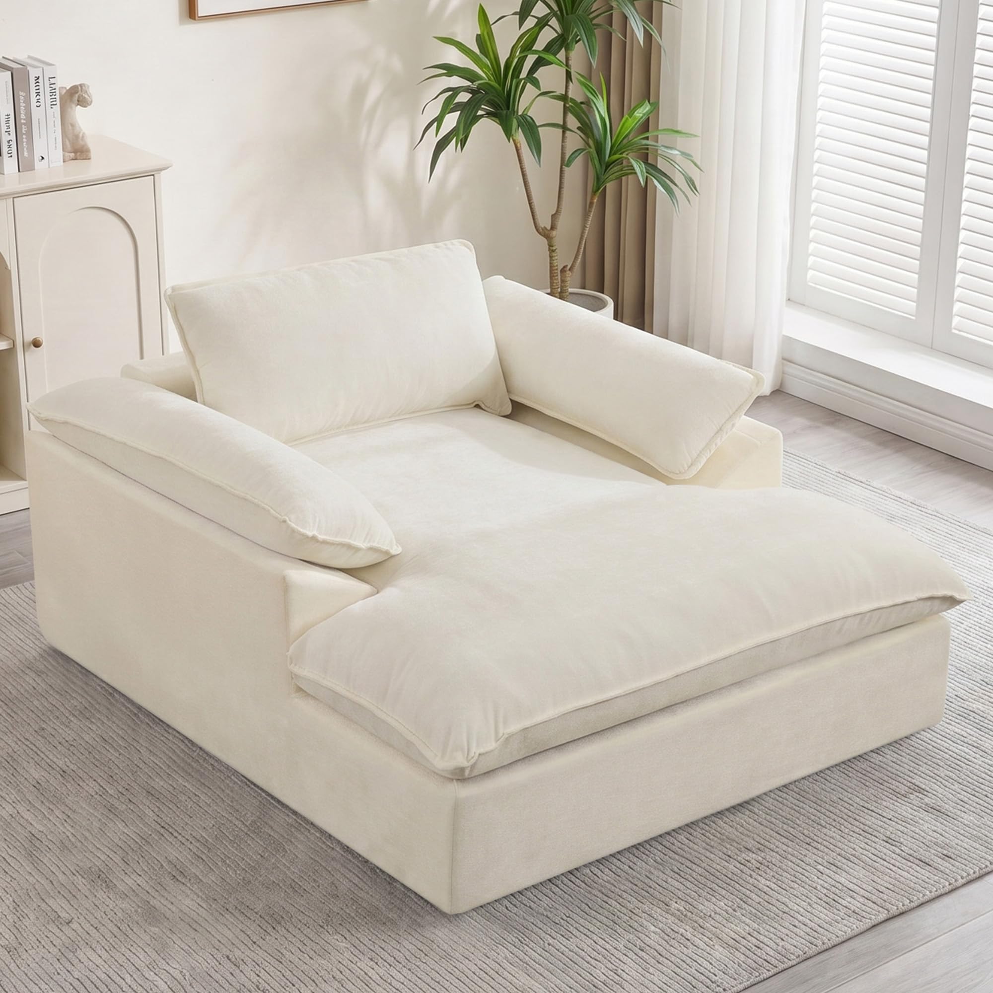 HUBSON 69" Oversized Boneless Chaise Lounge Chair Indoor, Comfy Deep Seat Sleeper Lounge Couch, Upholstered Chenille Cloud Chairs for Living Room, Bedroom, Apartment, No Assembly Required, Beige