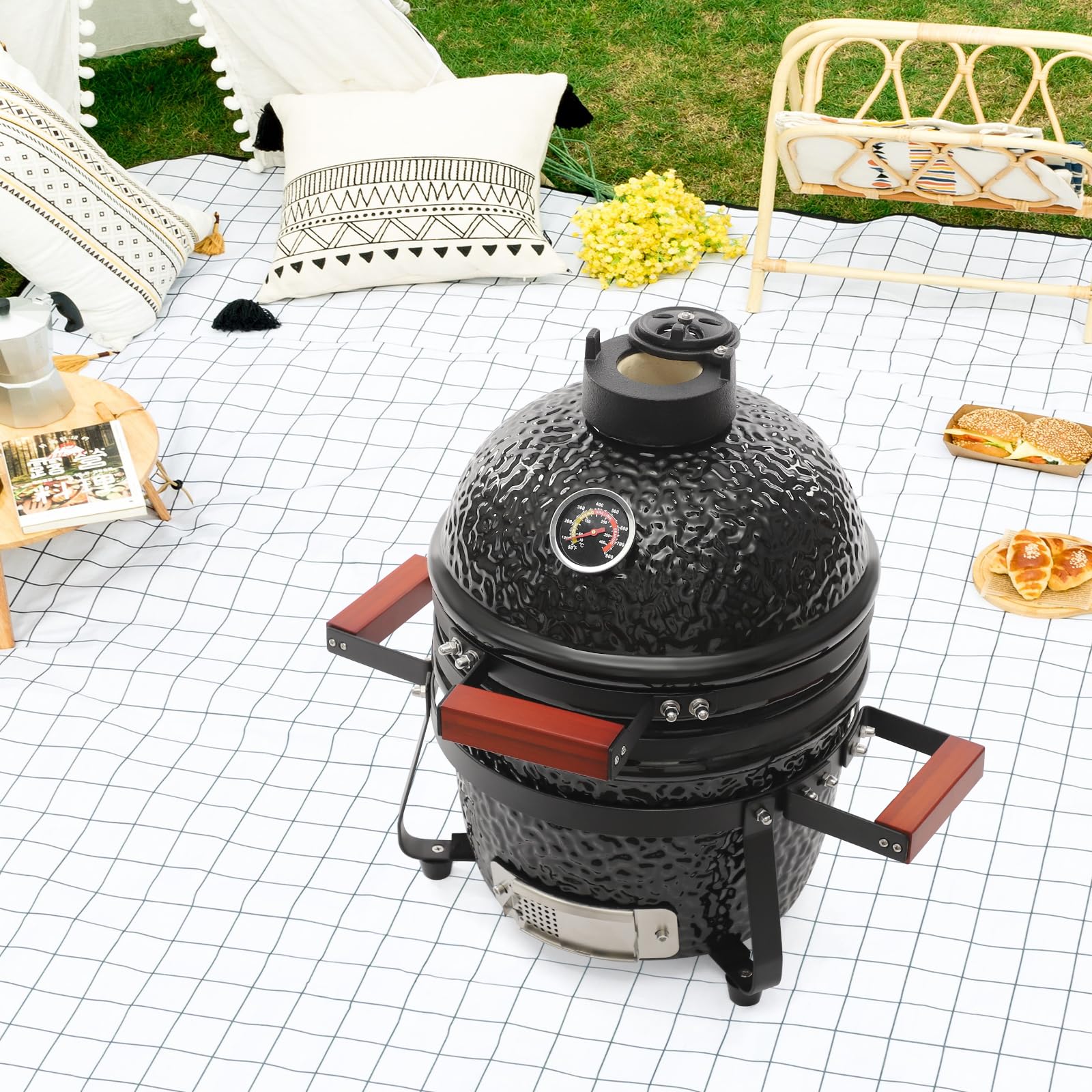 Barbecue in ceramica a carbonella, Ø 32 cm, con termometro, ventilazione e manici in legno, mini barbecue a sfera 2 in 1, per giardino, balcone e campeggio