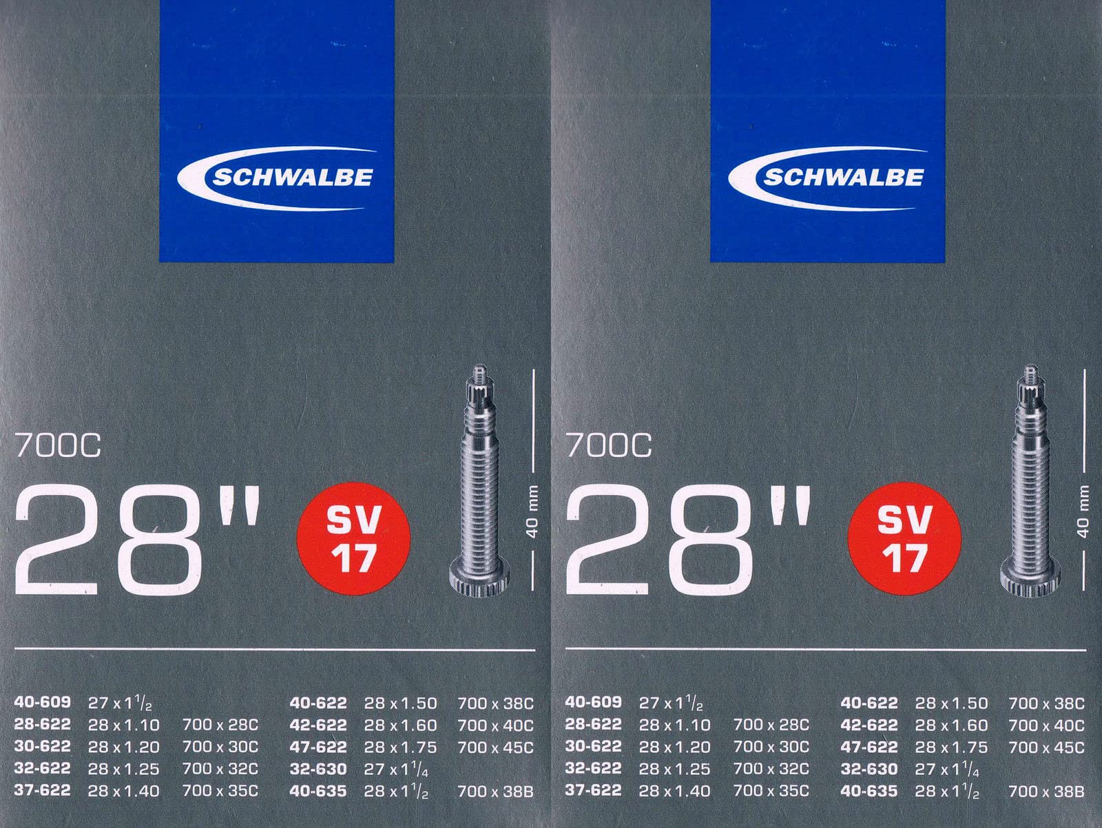 2X Schwalbe SV 17 Schlauch 28 622 Ventil: Französisch Sclaverand SV17 28 Zoll