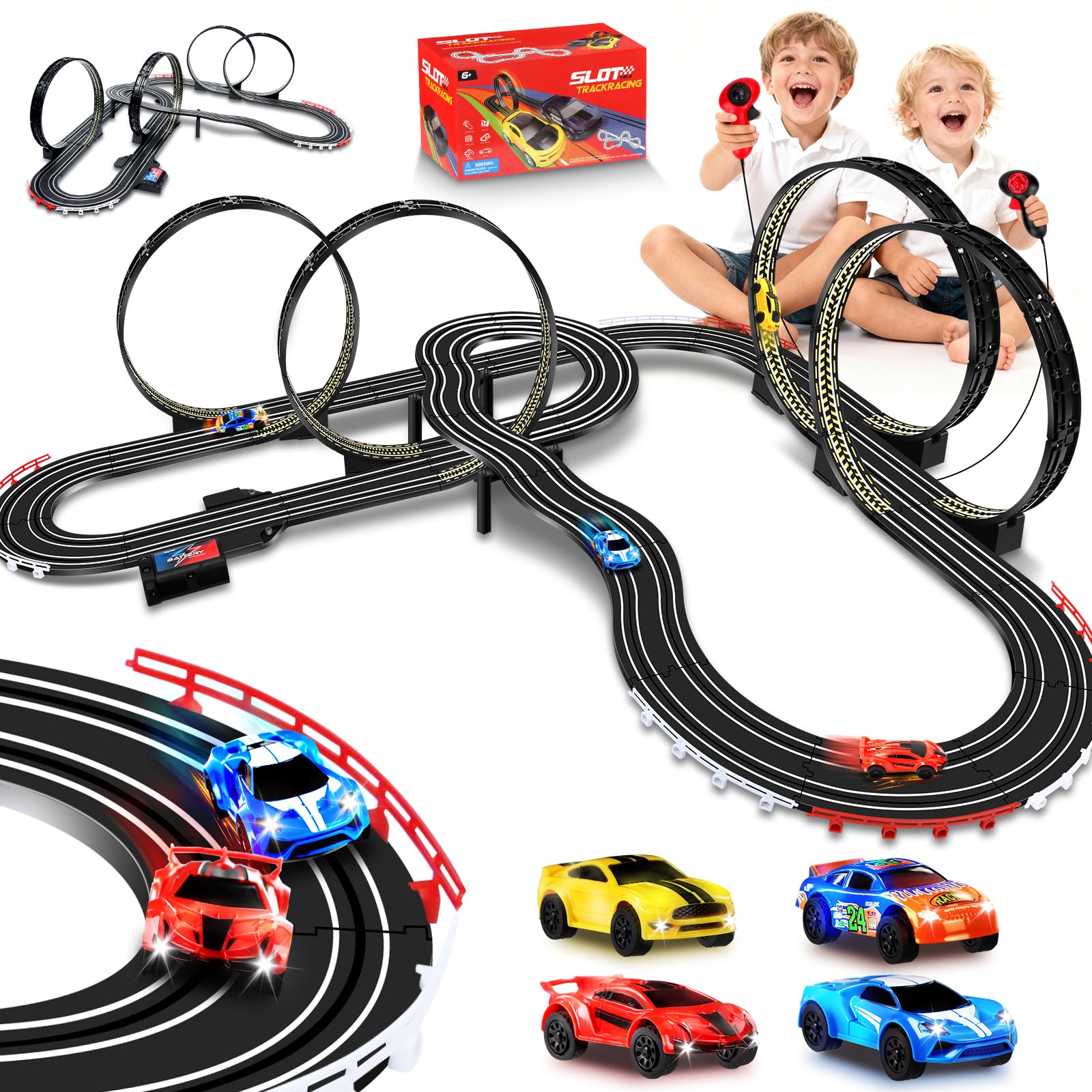 IEEILULU Pista Carreras Electrica, 1:64 Pista Coches Niños con 4 LED Coches Contador Vueltas Bucle 360°, Extralargo Circuito Coche Juguete Regalos Niños 6+ Años (821CM)