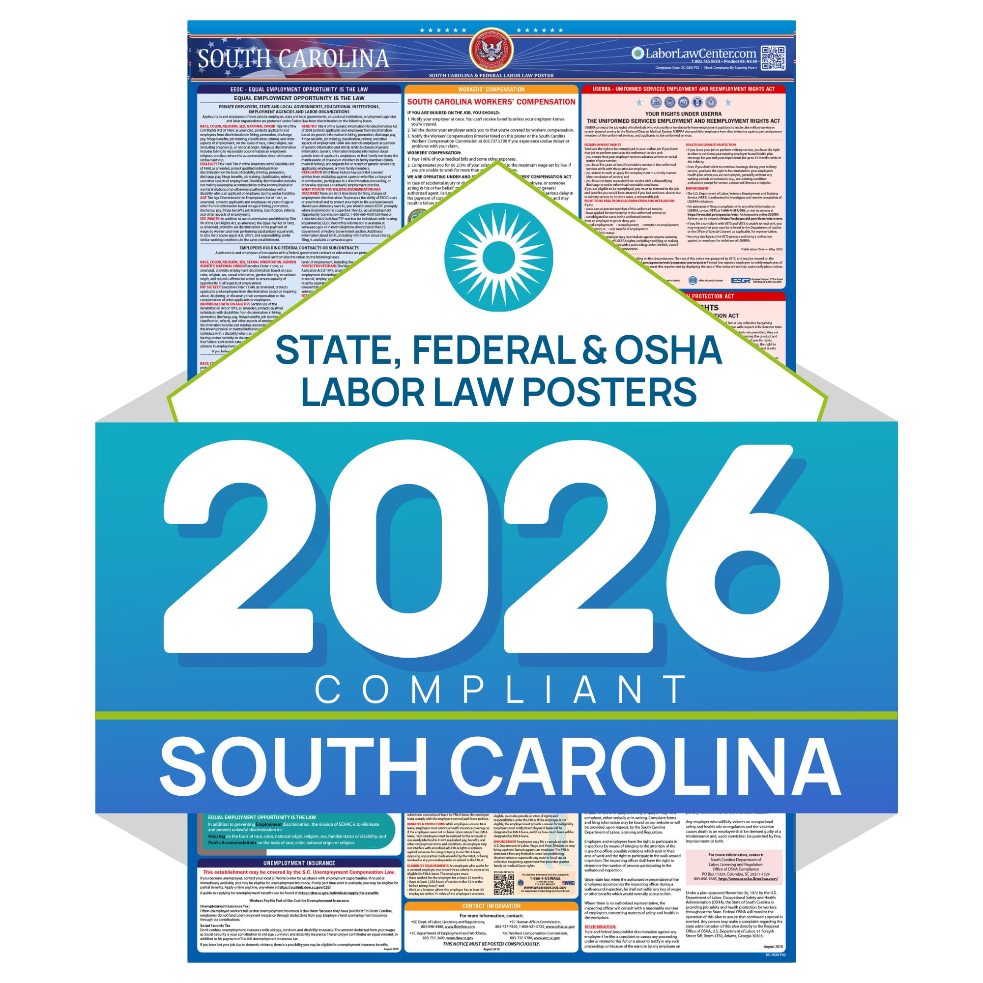 South Carolina 2026 Labor Law Poster – State & Federal Compliance – OSHA, EEOC, FMLA, Minimum Wage – Durable, Laminated & Waterproof Workplace