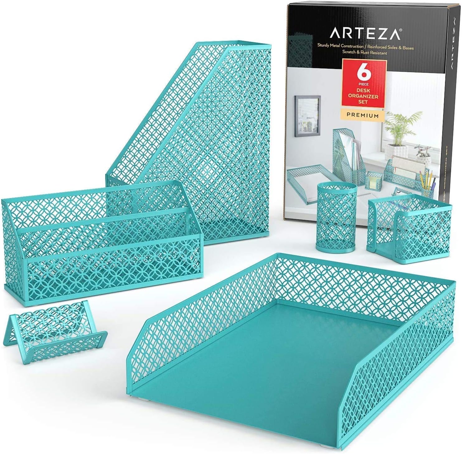 ARTEZA 6-Piece Teal Desk Accessories Set, Essential Desktop Organizer for Home Office, Includes Paper Organizer, Pencil Holder, Letter Sorter & More, Teal Office Supplies
