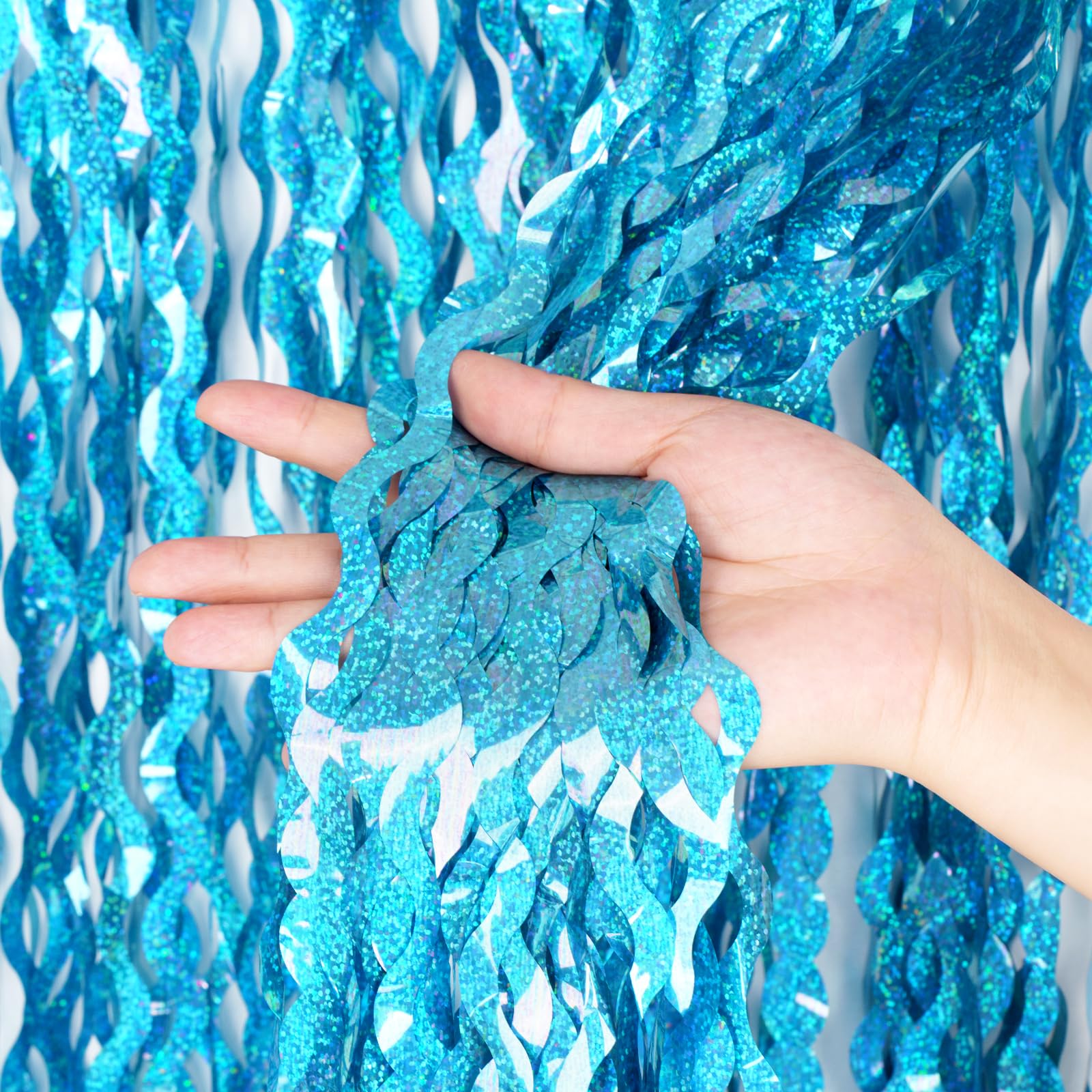 G2PLUS 2 Rideau Franges Vagues Bleu: Rideau Décoratif Métallique Effet ondulé pour Anniversaire Fille, Fête Sirène, Princesse des Glaces, Fond Photo Magique