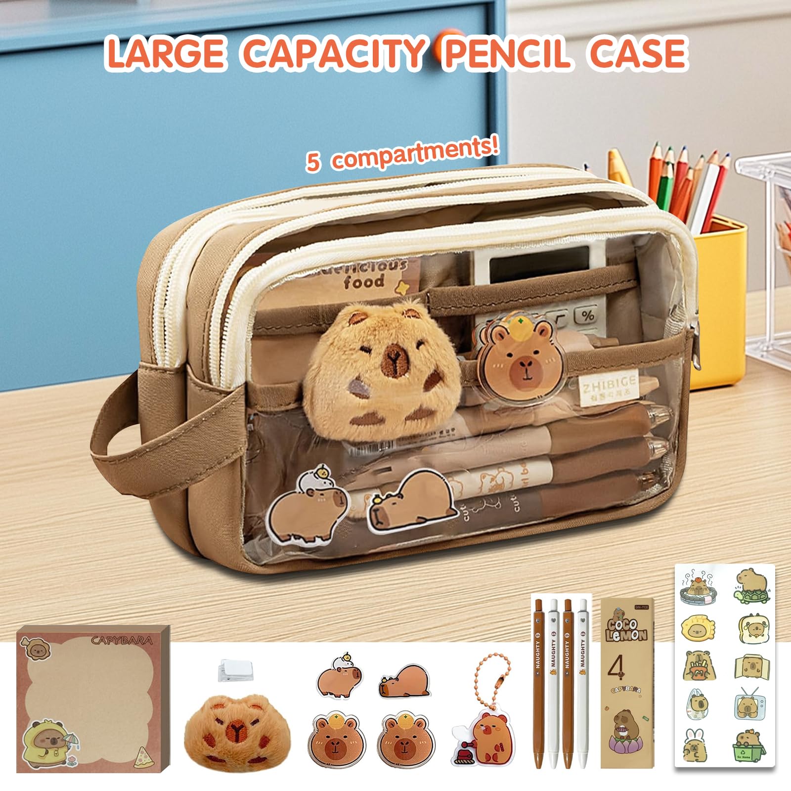 Trousse Capybara Ensemble Papeterie avec Stylo Autocollants Pins Porte-clés Blocs-Notes Grande Capacité Cadeau Fille Garçon