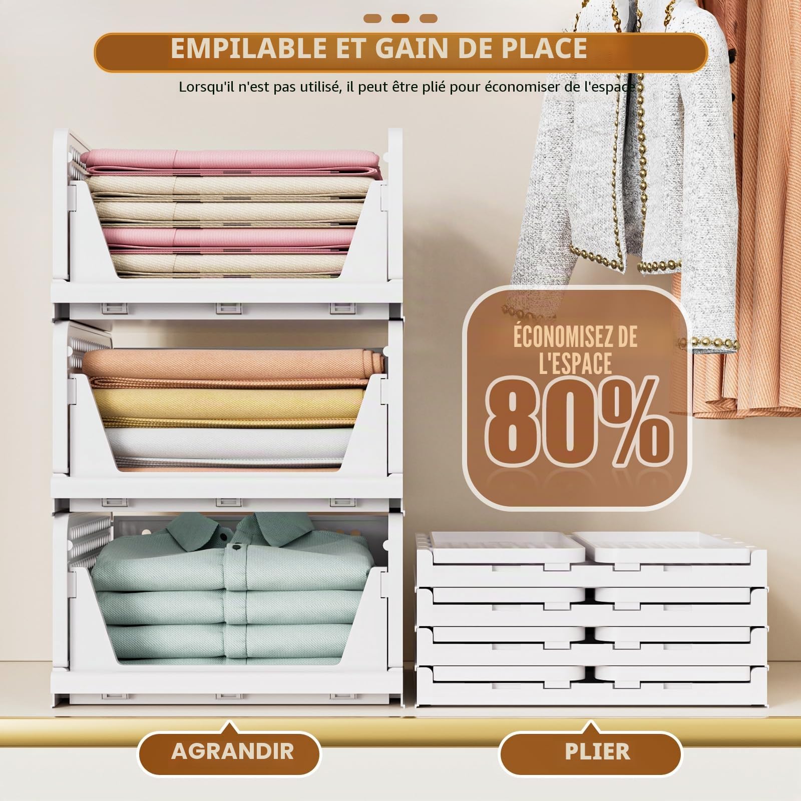 SNSLXH Lot de 8 boîtes de rangement empilables pour placard, multifonctionnelles et pliables pour salle de bain, cuisine, buanderie, armoire, rangement peu encombrant, blanc