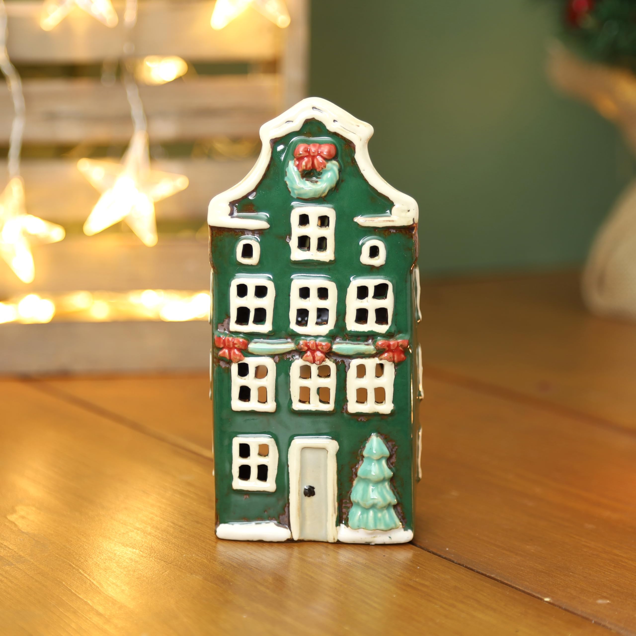 Fyne-Finds Green Ceramic Tall Tealight Holder Cottage Village Scene Townhouse Xmas Festive Decor Ornament