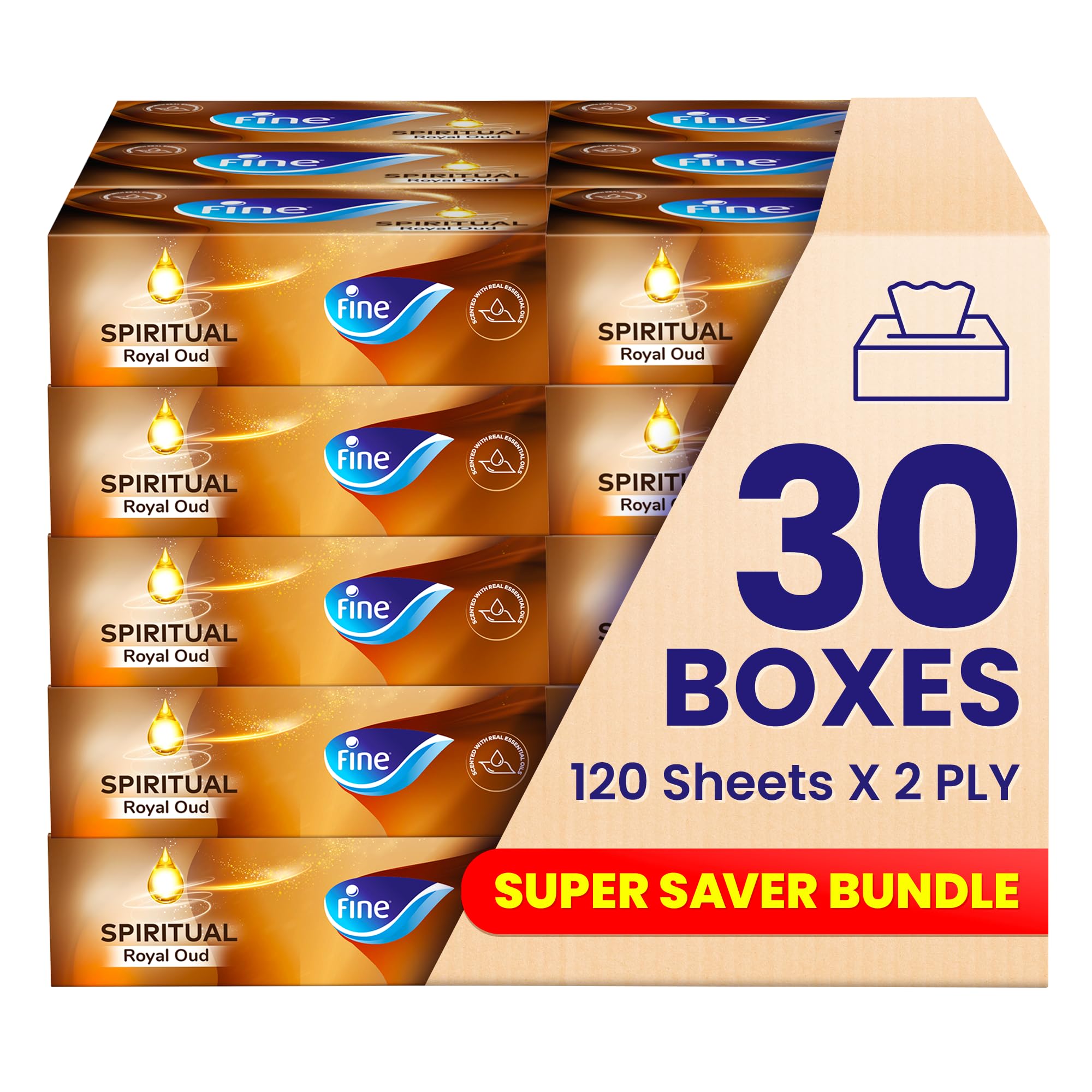 wellness facial tissue box, 30 Packs of 120 sheets x 2 Ply Royal Oud Scent