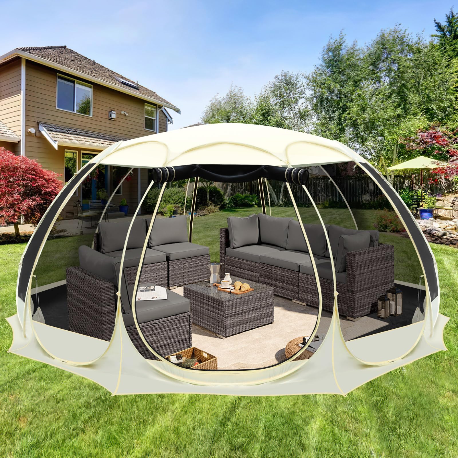 Eapele 15x15FT Pop Up Screen Room Sun Shade Shelter - Canopy Instant Screen House - 10 Sides Mosquito Netting and 360-Degree Ventilation Screen Tent with Removable Floor Fits 12-15 People